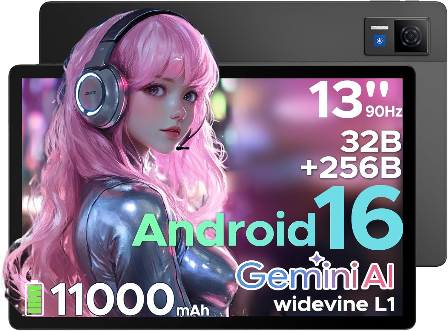 U13 Android 16 Tablet with Gemini AI,13 inch Tablet,11000mAh Battery,32GB+256GB,2.2Ghz Octa-Core Processor,90Hz Display Gaming Tablets,13MP+8MP,7.9mm Ultra-Thin Body,Face Unlock