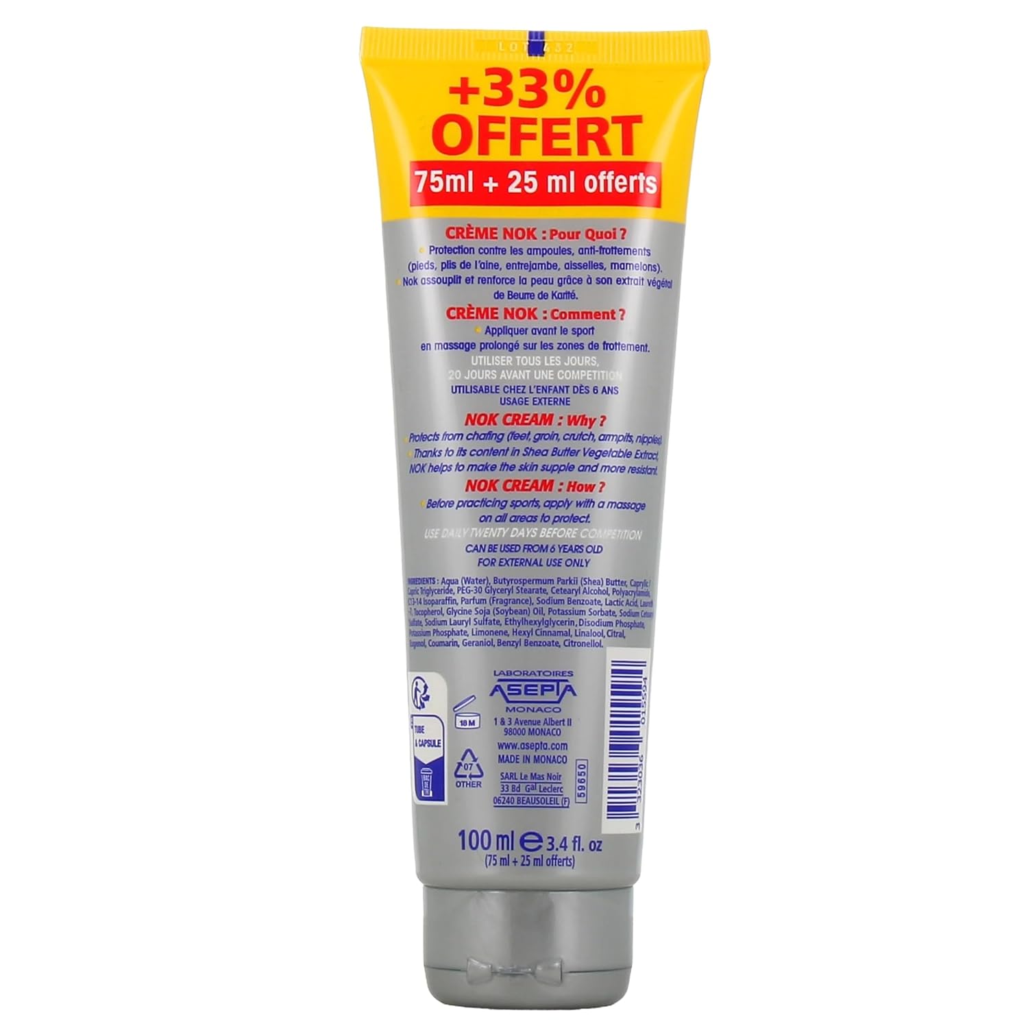 Akileïne Sports NOK Anti-Chafing Cream - Prevents Chafing, Blisters - Anti-Friction, Skin Reinforcer - Anti Chafing Cream for Runners, Men, Women - Thigh Rubbing Prevention, Anti Chafe | 100ml