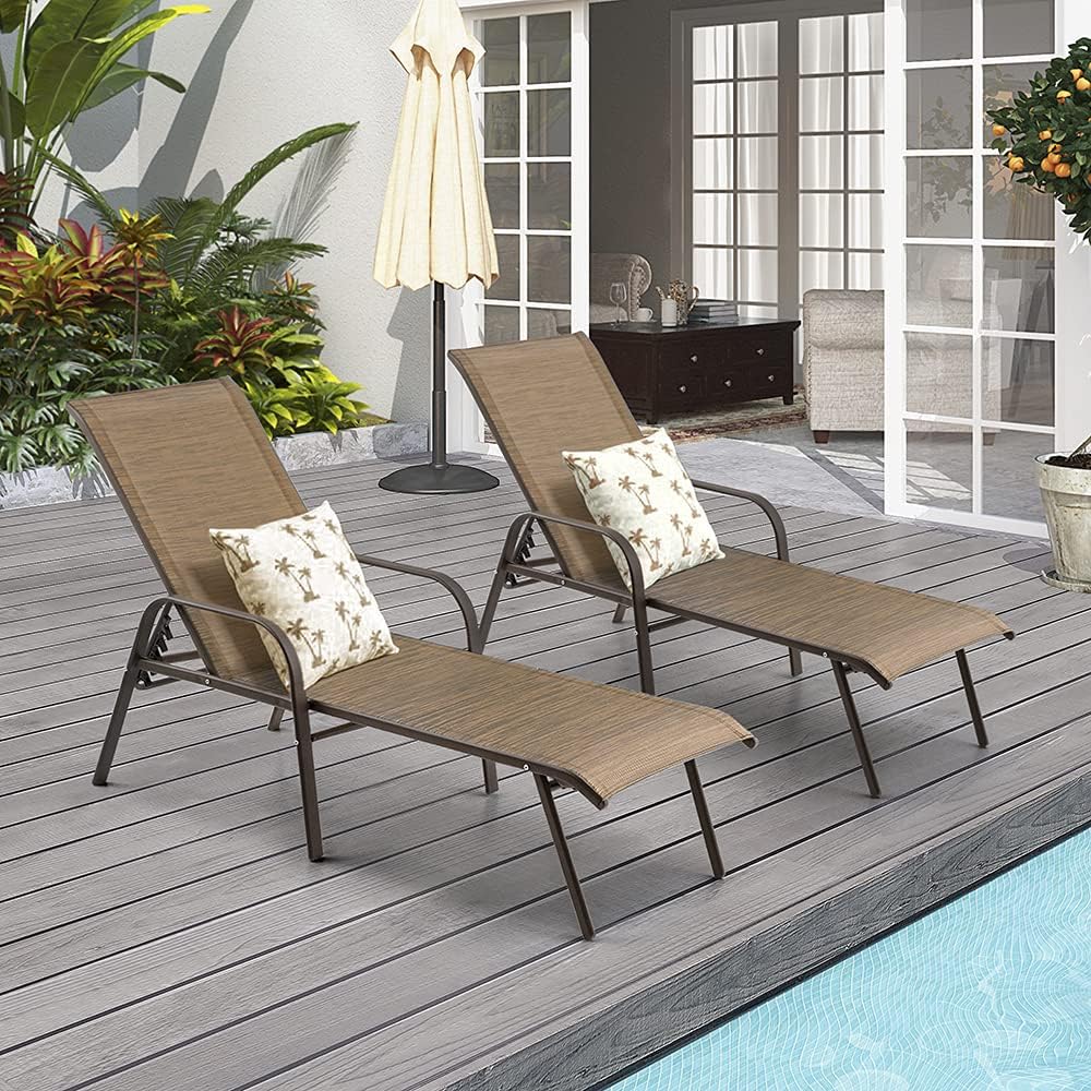 Crestlive Products Adjustable Chaise Lounge Chair, Five-Position and Full Flat Outdoor Recliner for Patio, Deck, Beach, Yard, Pool (2PCS Brown)