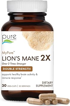 PURE ESSENCE LABS MyPure Lions Mane 2X - Double Strength Brain Support Supplement with 100% Organic Fruiting Body Lions Mane for Cognitive Health, Focus, Memory & Mental Clarity, 30 Capsules