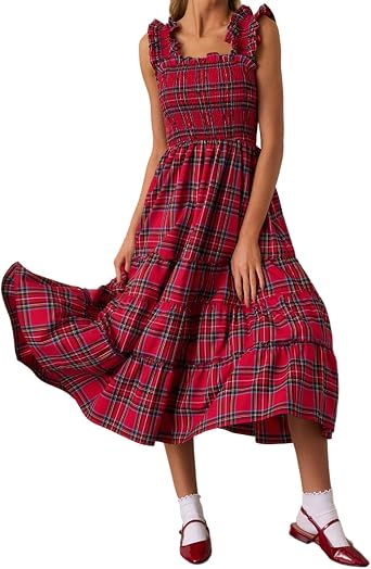 Women Christmas Plaid Dress Sleeveless Square Neck Maxi Dress Vintage Gingham Holiday Dresses Casual Party Long Dress