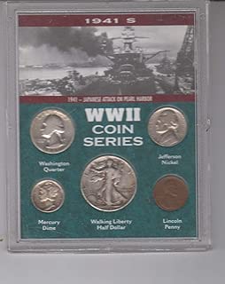 1941 S World War ll Coin Series (5) Coins Silver Half Dollar, Silver Quarter, Silver Dime, Nickel and Cent All Dated 1941 with the S Mint Mark and Encased in a Plastic Holder with A Historic Scene From the War Circulated Good to Very Good Condition - coolthings.us