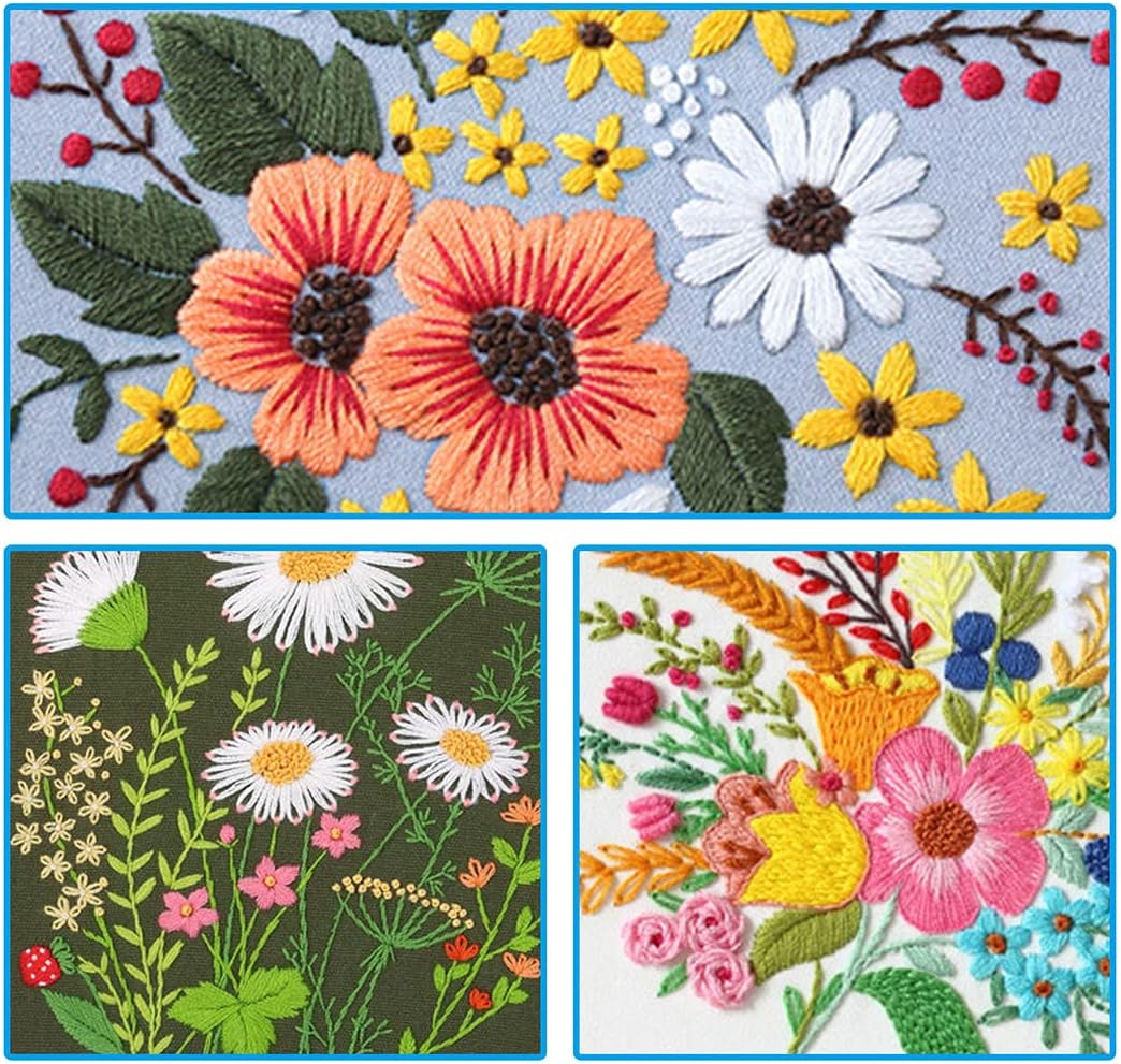 Nuberlic 4 Pack Embroidery Kit Cross Stitch Kits for Adults Include 4 Embroidery Hoops, 4 Embroidery Cloth with Floral Pattern, Color Threads and Needles