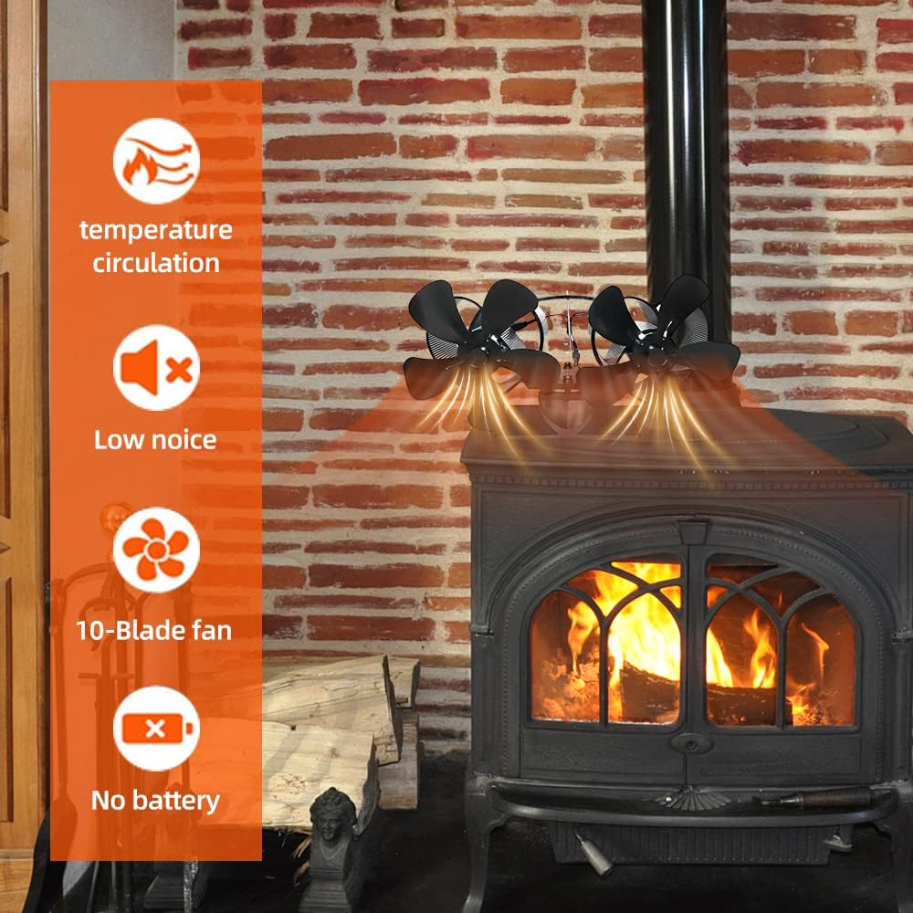 Heat Powered Stove Fan, Double Motor, 10 Blades, Aluminum Oxide, Black, Quiet Use for Wood Burning Stove, Non Electric, 9.45x5.12x3.94 Inch