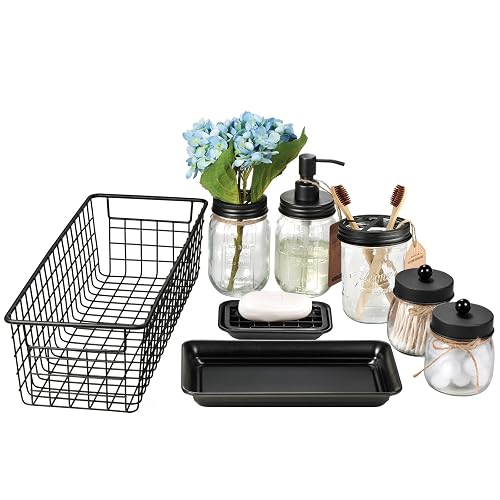 SheeChung 8PCS Mason Jar Bathroom Accessories Set Complete - Black