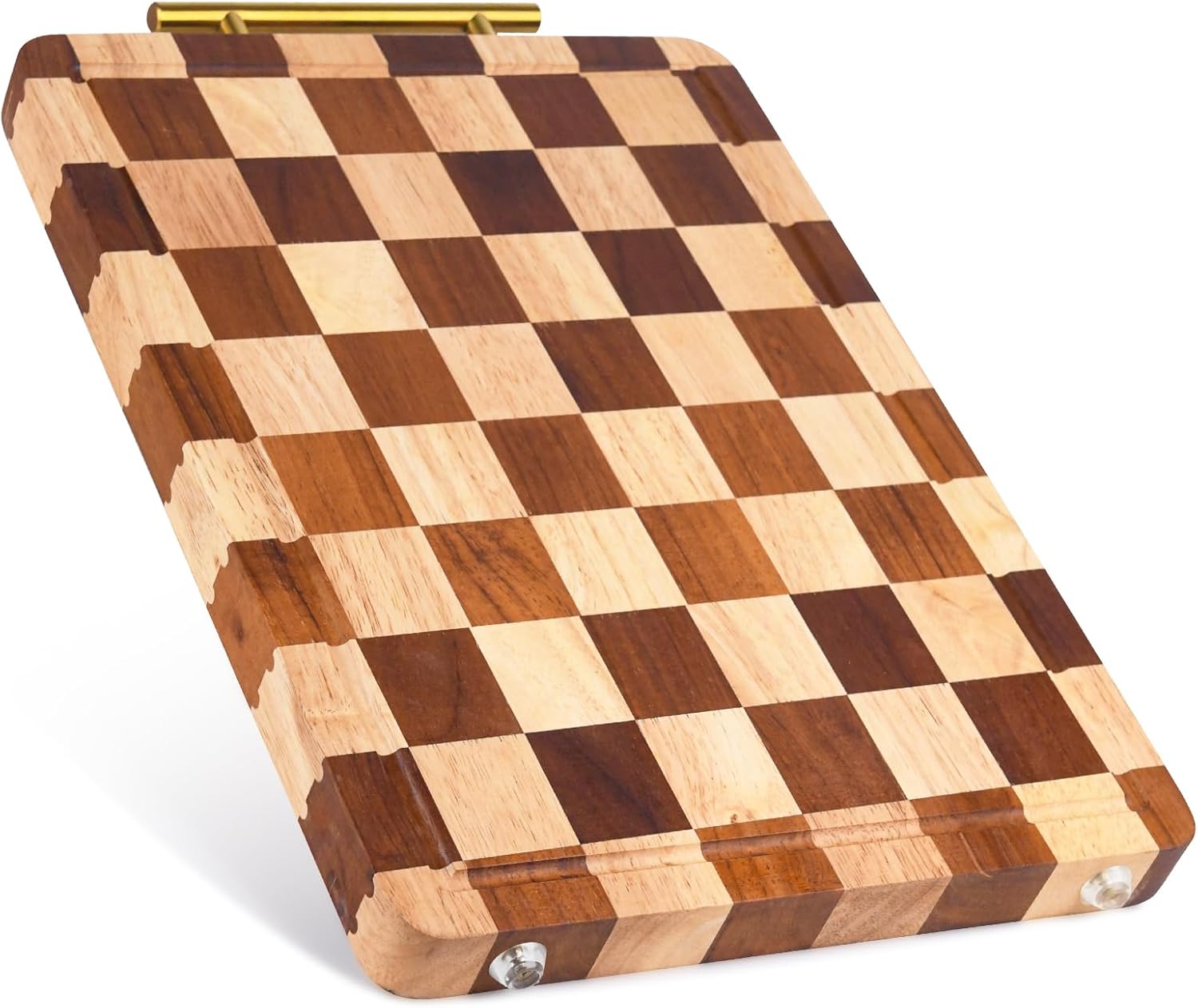 Checkered Cutting Board for Kitchen, Rubber Wood Cutting Boards, Chopping Board with Juice Grooves & Stainless Steel Handles, Butcher Block Serving Tray with Gift Box，14.9"×11"×1.18"