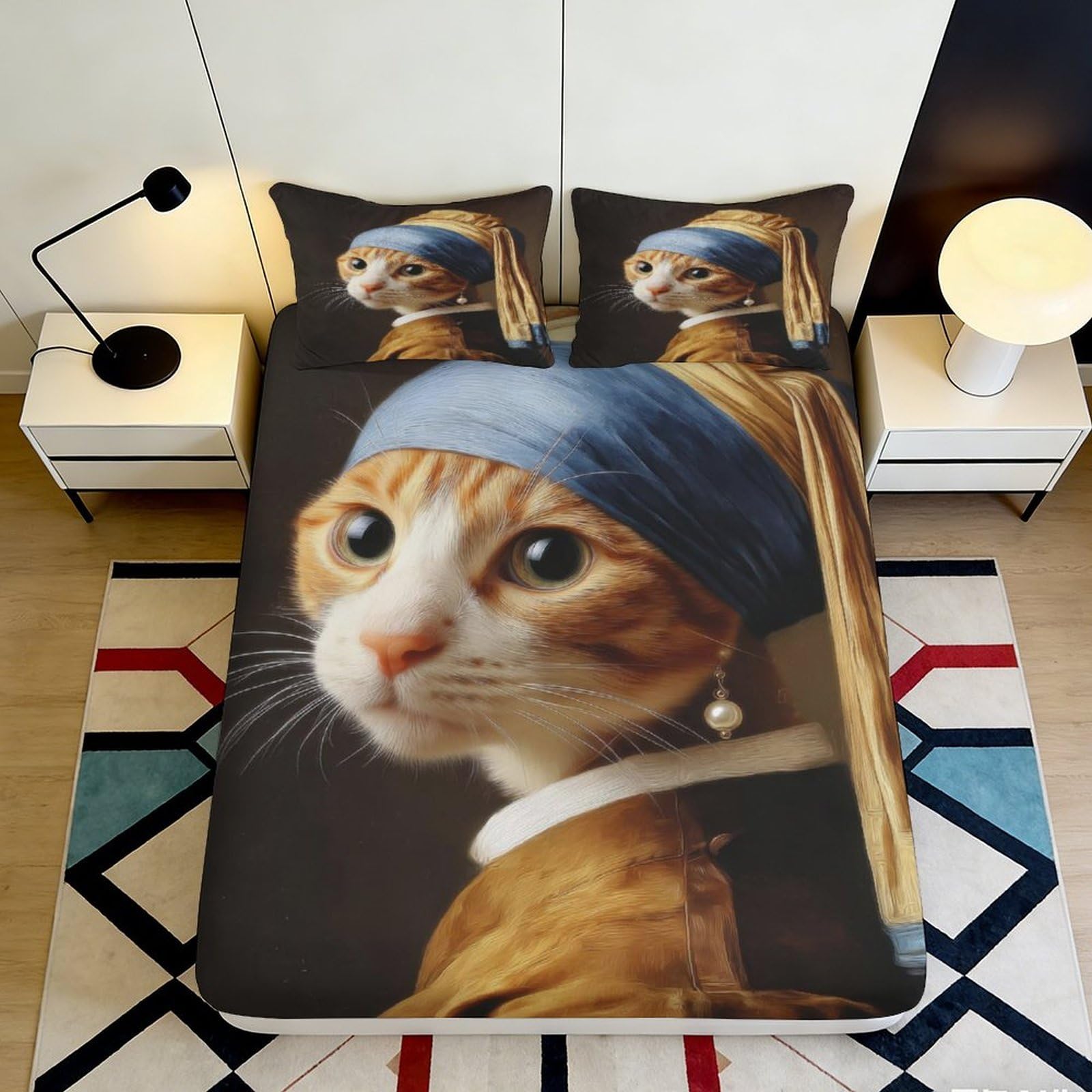 3D Printed Cat With Pearl Earring Fitted Sheet Microfiber Artistic Pet Portrait Bed Cover for Bedroom Guest Room Decor 90x200x25cm