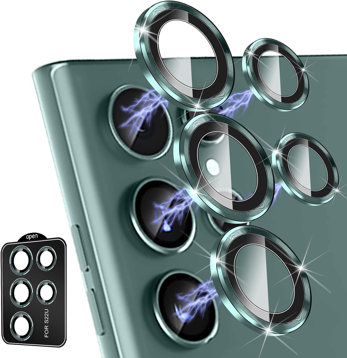 Metal [3+2+Install Tray] Camera Lens Protector Compatible for Samsung Galaxy S22 Ultra (6.8") Accessories Aluminum Alloy & Lens Tempered Glass [Shatter/Water/Fog/Drop-Proof] - Fog Pine Green