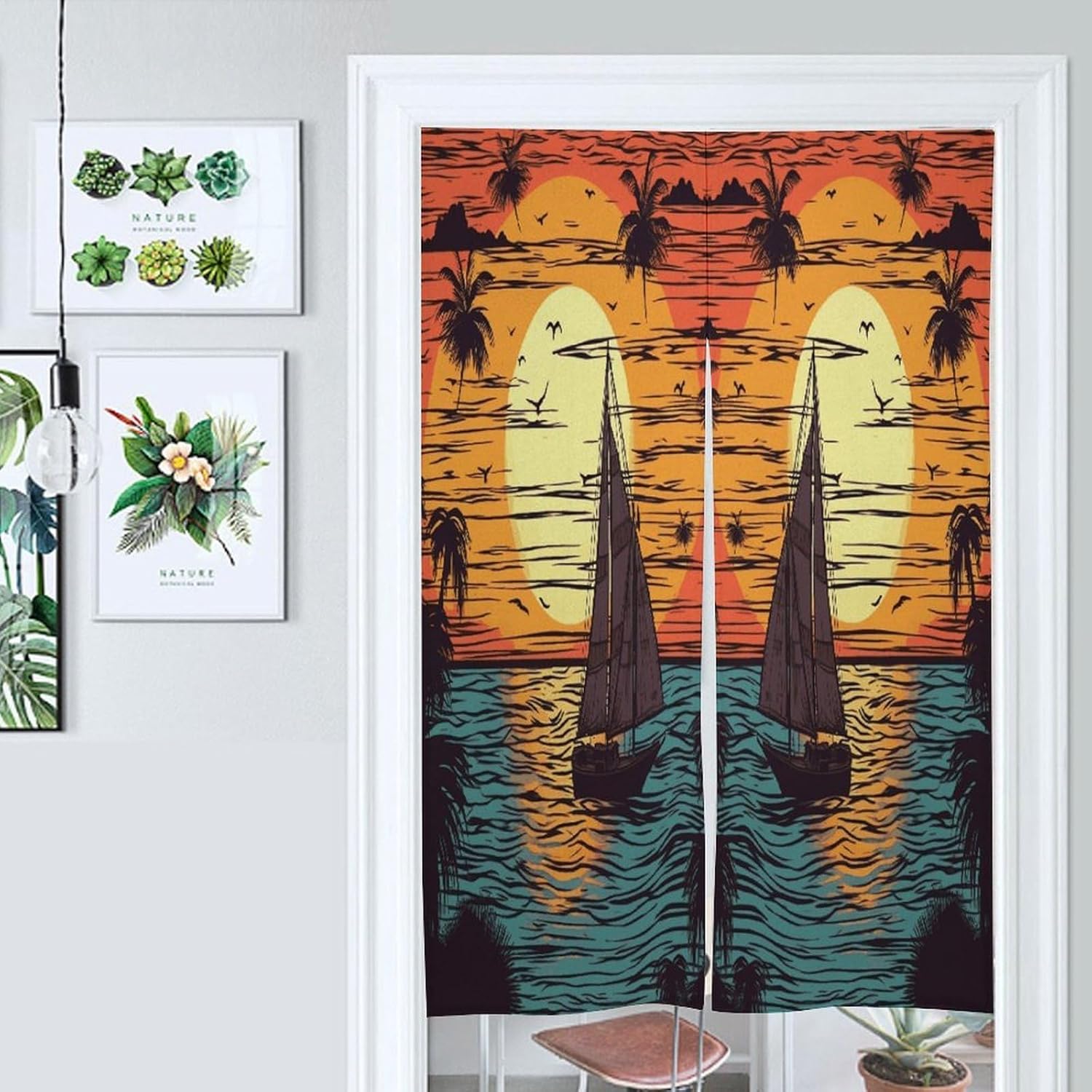 Sunset and Sailboat Door Curtain Printed Doorway Noren Japanese Style Doorway Room Divider Curtains for Privacy Partition Divider Kitchen Home Decorations Wall Hanging