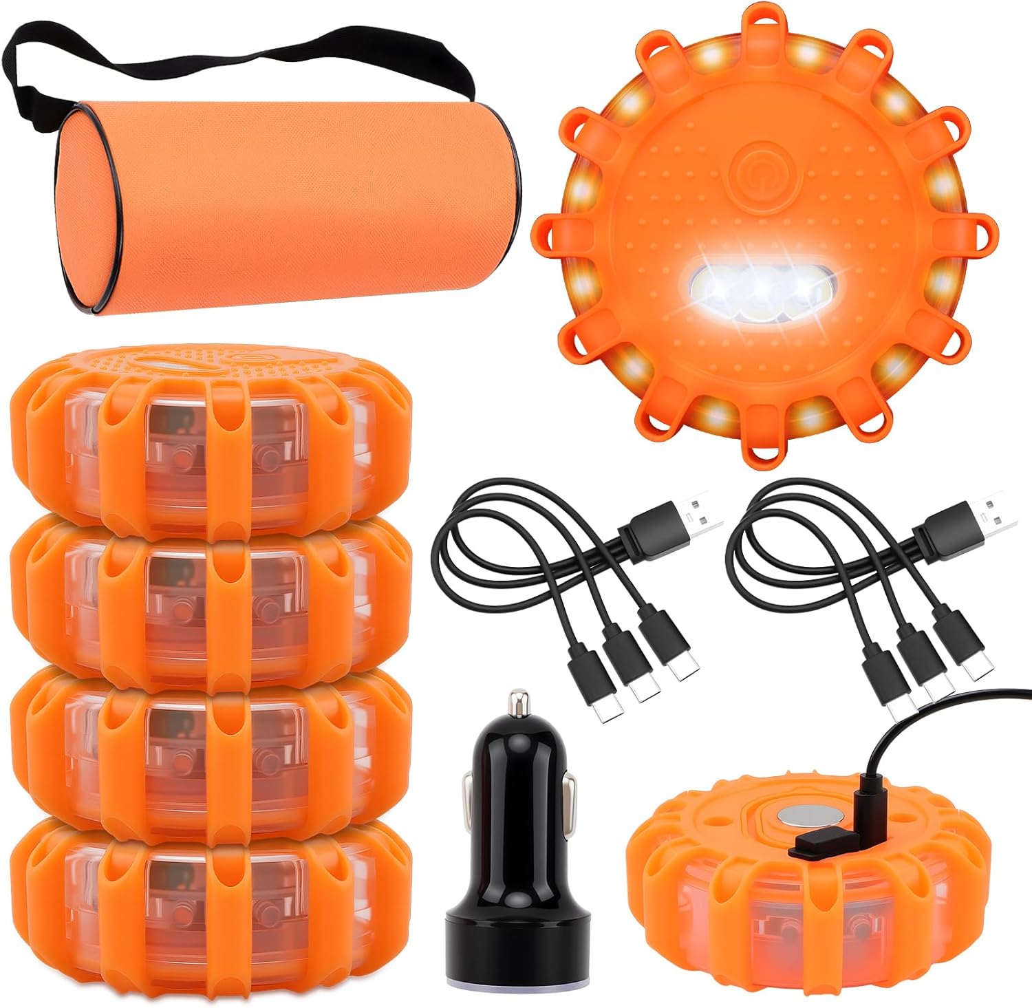 6 Pack USB Rechargeable LED Road Flares Emergency Lights, Roadside Warning Car Safety Beacon Flashing Disc Flare Kit with Magnetic Base for Vehicles & Boat&Truck