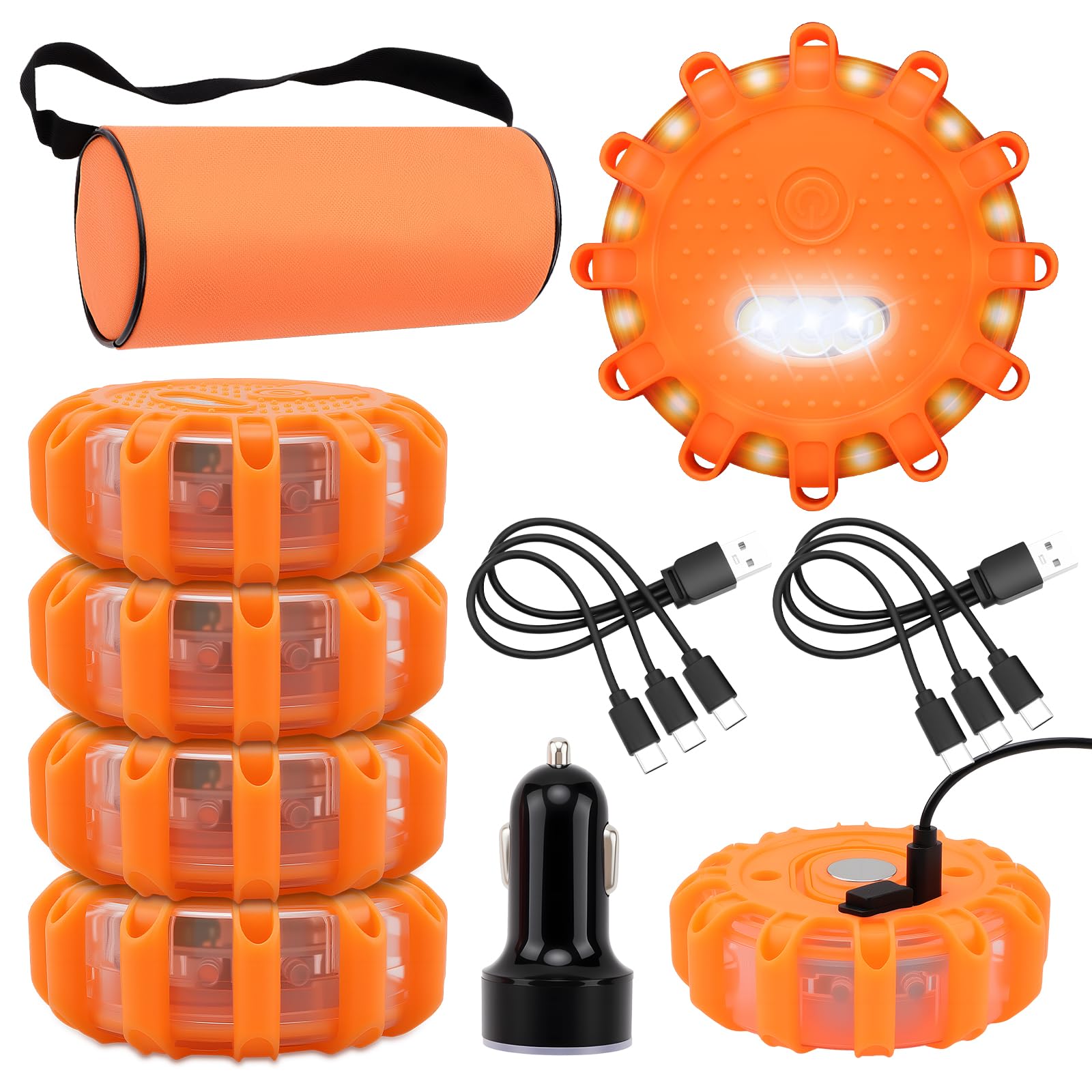 KAOLALI 6 luces de advertencia, resistentes al agua, con imán y gancho, luz giratoria LED con 9 modos de parpadeo, incluye bolsa y cable de carga 3 en 1