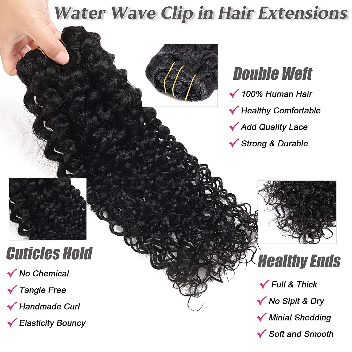 Water Wave Clip In Hair Extensions Human Hair 16 Inch Curly Hair Extensions Clip In Human Hair for Black Women 8A Water Wave Hair Clip Ins Soft Brazilian Remy Hair Thick Ends