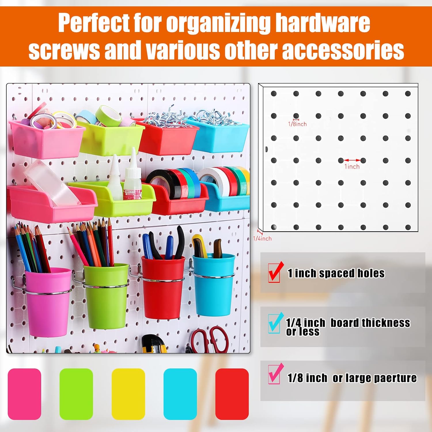 Sieral 64 Pieces Pegboard Bins Pegboard Cups with Hooks and Loops Peg Hooks Assortment Organizer Accessory for Organizing Accessories Tools Storage Office Workshop Garage Workbench (Colorful)