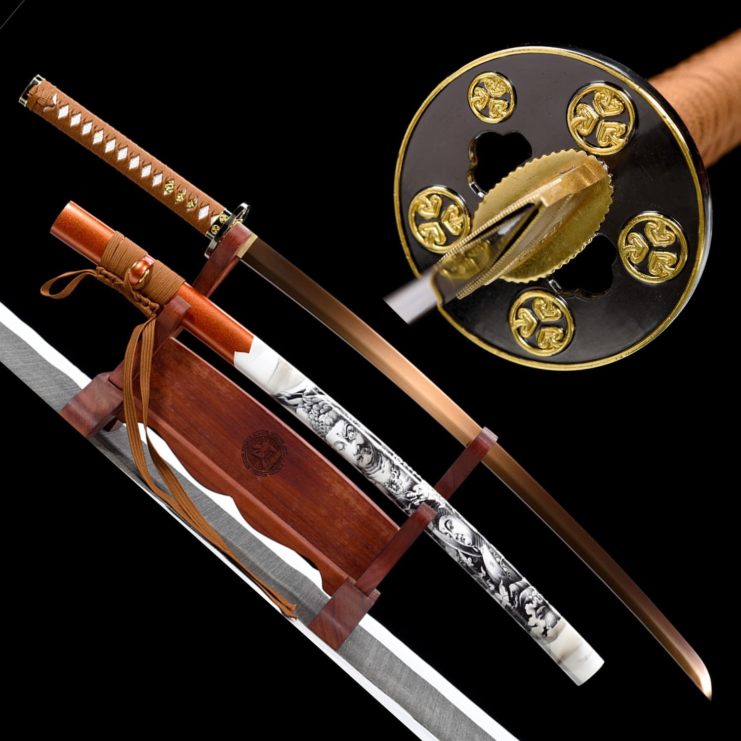 HERO SWORD-Luxury Gold Katana The Buddha Theme Samurai Sword Combat Ready 1095 High Carbon Steel No Bo Hi Blade Japanese Sword Very Sharp Cool Weapon for Mens