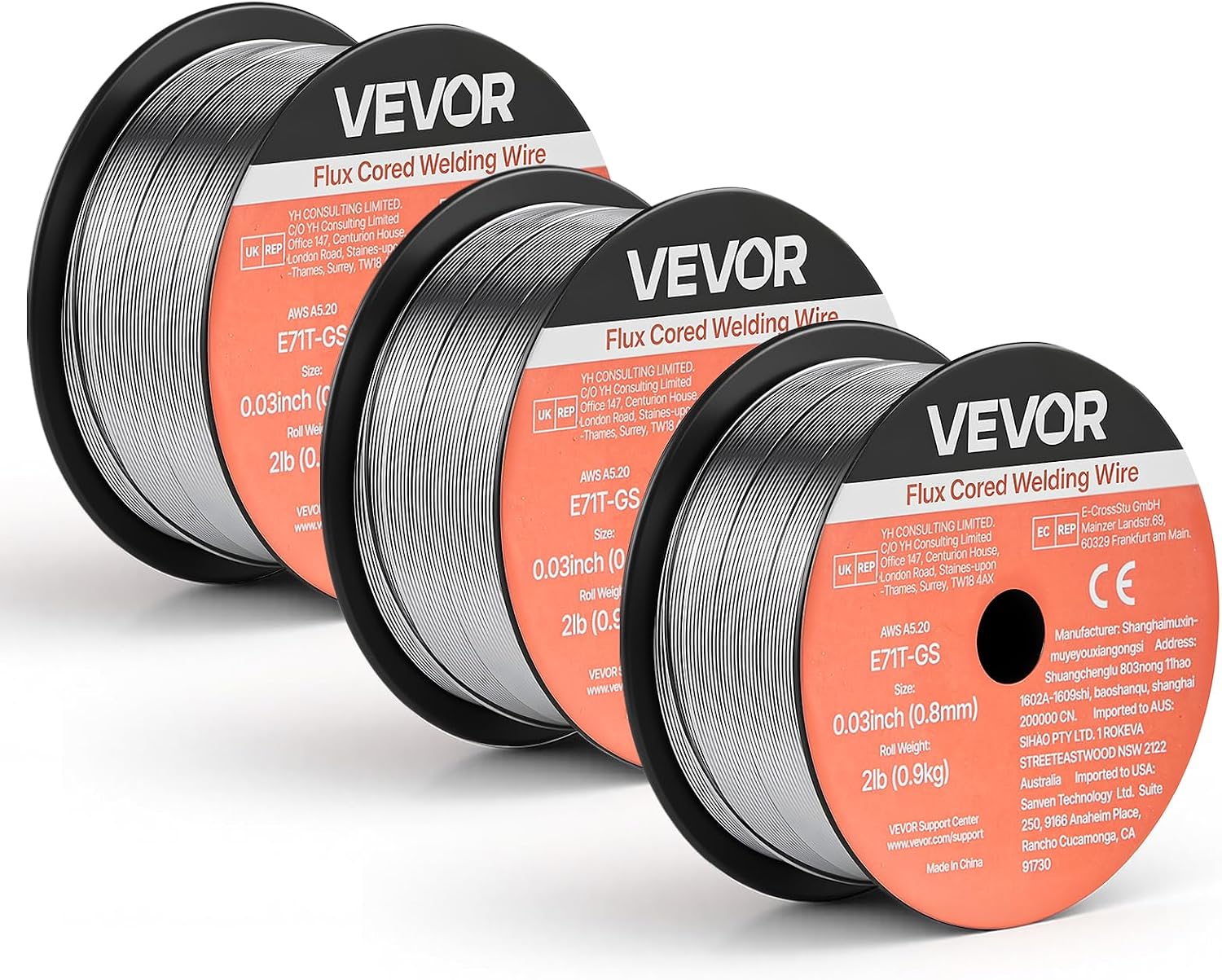 VEVOR Flux Core MIG Welding Wire, E71T-GS 0.03-inch 2 LBS, Gasless Mild Steel Welding Wire with Low Spatter for All Position Arc Welding, Self-Shielded for Outdoor Use (Pack of 3 Rolls)