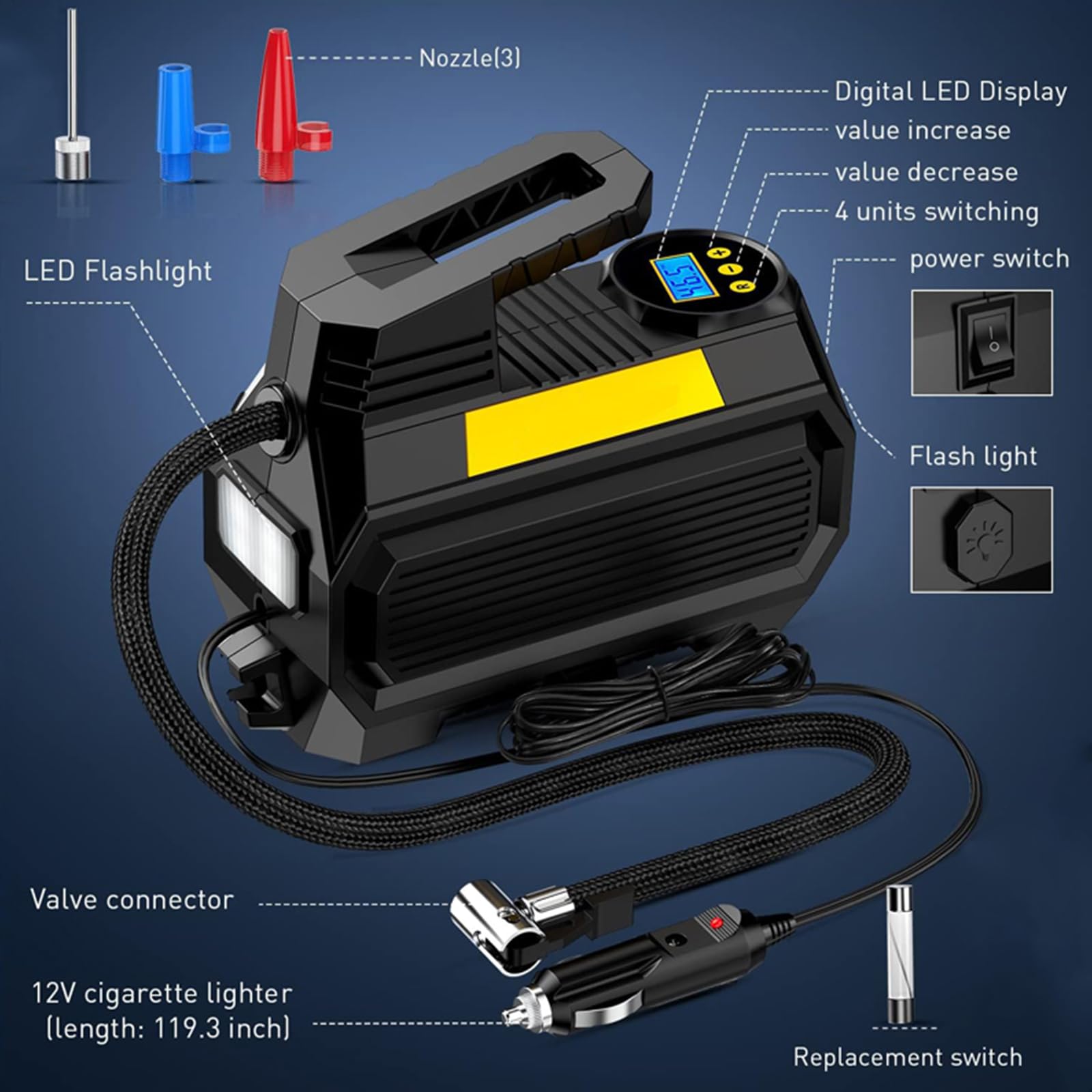 Pompka do opon, przenośna pompa sprężarki powietrza do opon samochodowych, 12 V DC, automatyczna pompa do opon z cyfrowym manometrem, 150 PSI z awaryjnym światłem LED, do roweru samochodowego