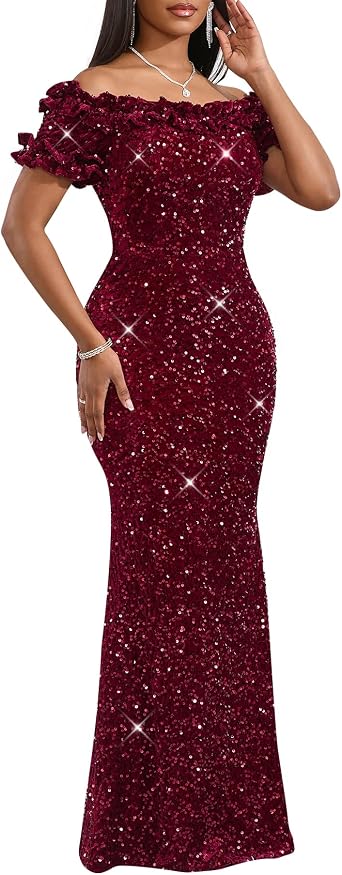 dasmzper Women Sexy Sequin Off Shoulder Ruffle Short Sleeve Bodycon Mermaid Party Formal Evening Maxi Dress