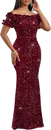 Women Sexy Sequin Off Shoulder Ruffle Short Sleeve Bodycon Mermaid Party Formal Evening Maxi Dress