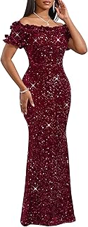 Women Sexy Sequin Off Shoulder Ruffle Short Sleeve Bodycon Mermaid Party Formal Evening Maxi Dress