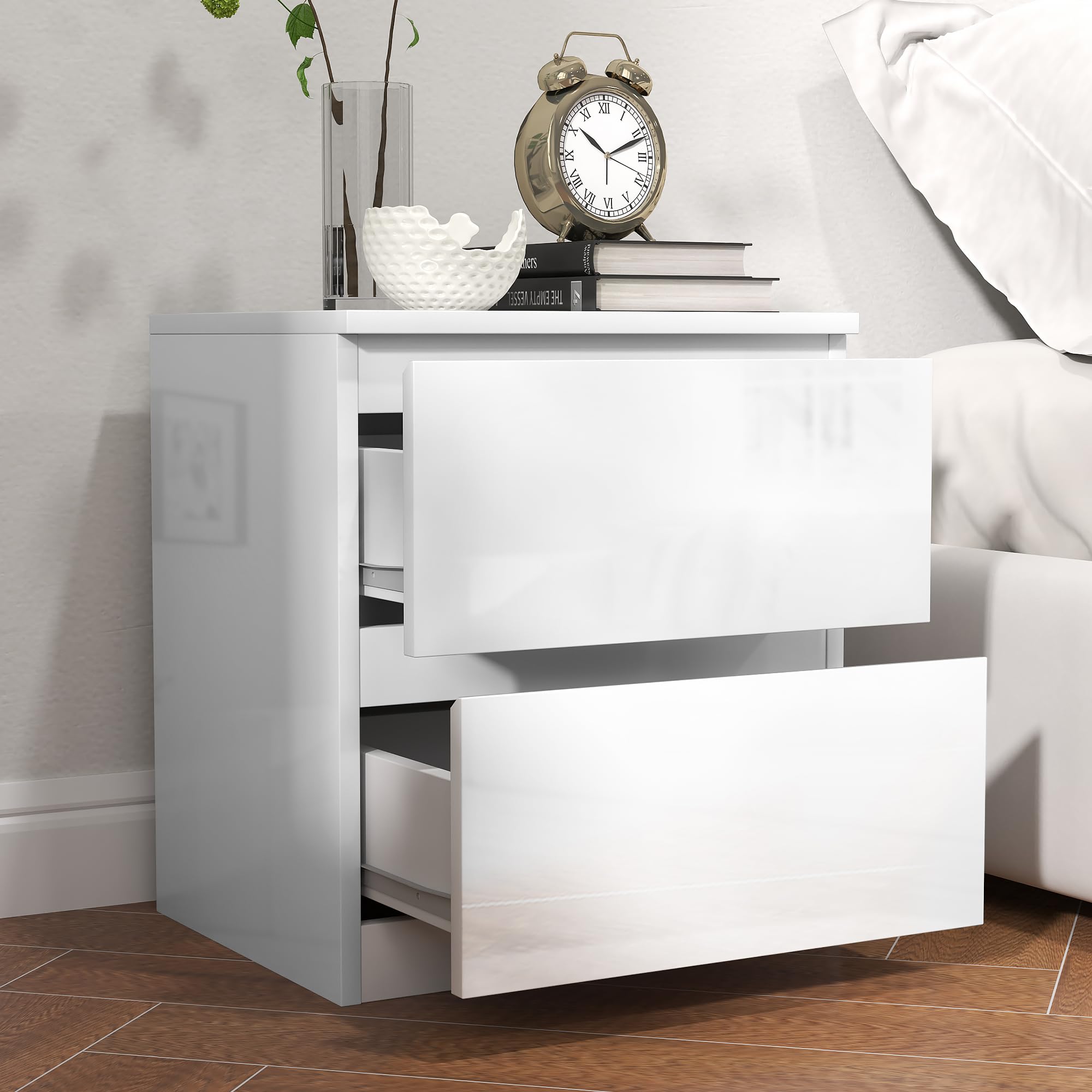 HOMCOM Mesita de Noche Moderna Mesilla de Noche con 2 Cajones Mesa de Noche Mesa Auxiliar para Dormitorio Salón 40x34x45 cm Blanco Brillo