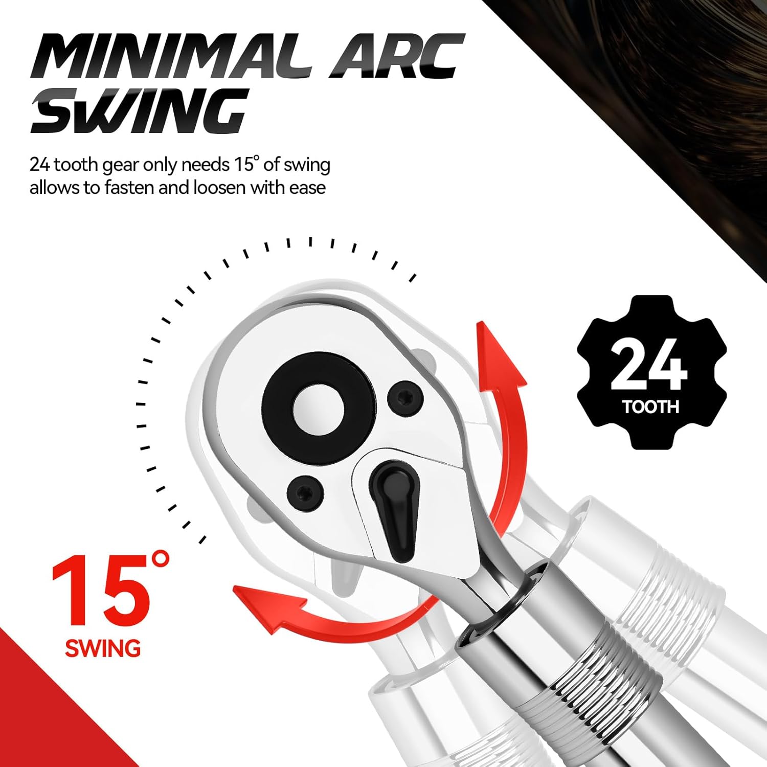 DISEN 3/4'' Extendable Drive Ratchet,24-Tooth Gear with 15° Sweep,Quick-Release Reversible Ratcheting with Reinforced Steel
