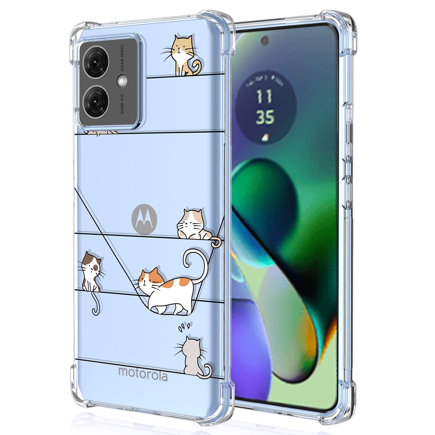 SEAHAI Handyhülle Für Motorola Moto G55 5G - Bunte Blumen, Transparent, Stoßfest & Ultra Dünn - Sakura Katze Design