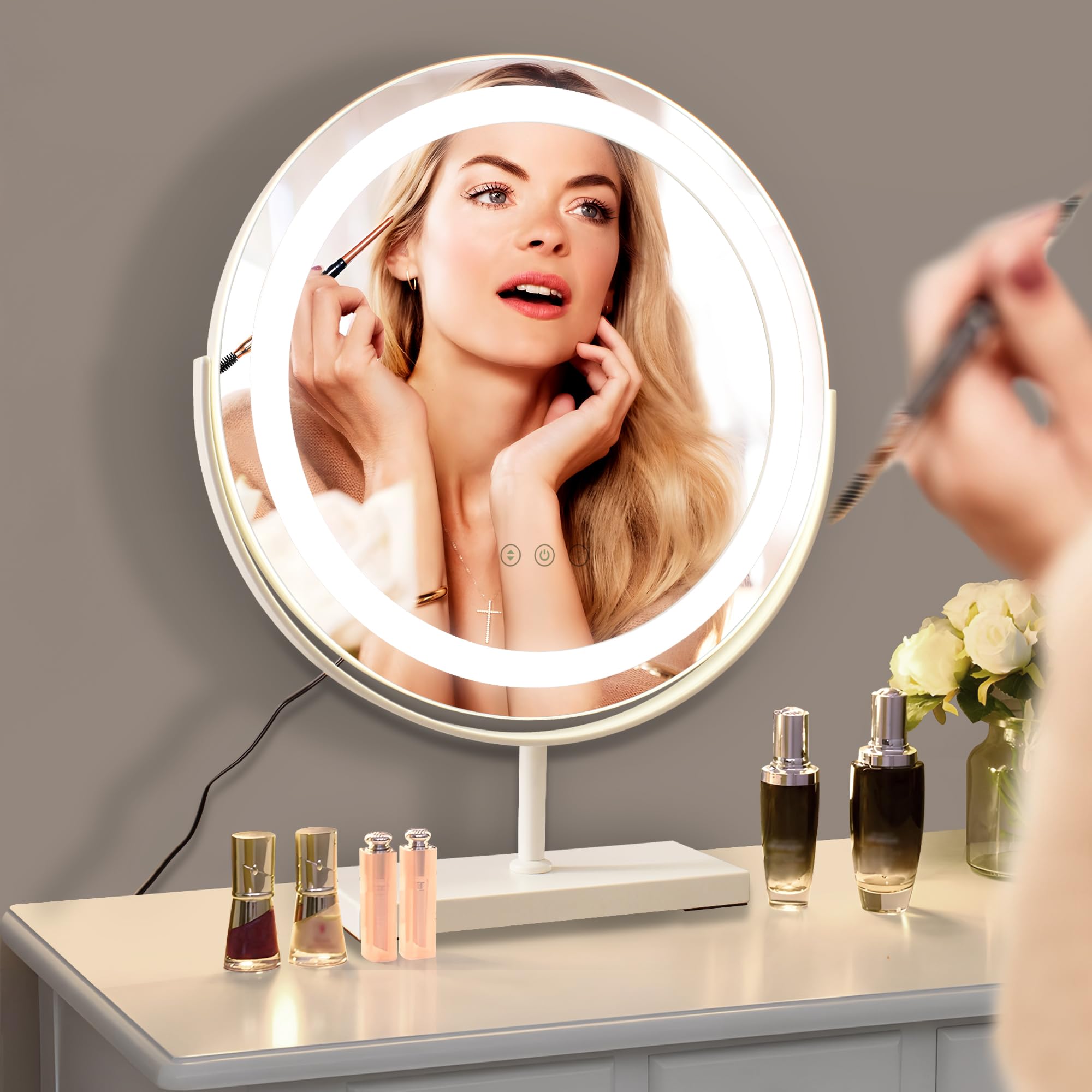 MantoLite Espejo de Maquillaje Redondo LED Iluminado 40 cm Blanco Táctil | Espejo de maquillaje grande giratorio 360° con luces, espejo de mesa regulable con 3 modos de iluminación.