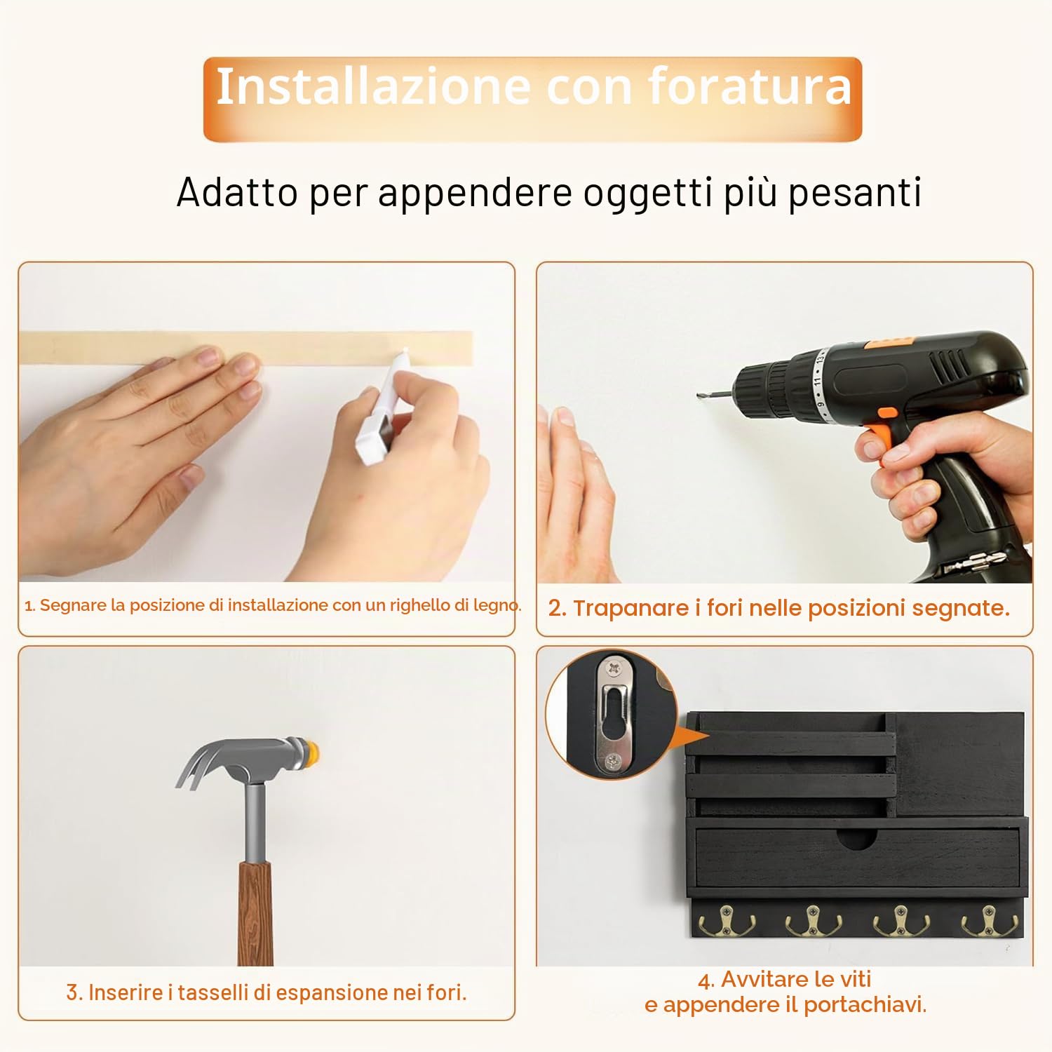 Portachiavi da Parete con Cassetto Portaoggetti, Portachiavi in Legno con 4 Doppio Ganci, Mensola da Parete per Portachiavi, Appendi Chiavi a Muro per Casa, Ingresso, Ufficio - Nero