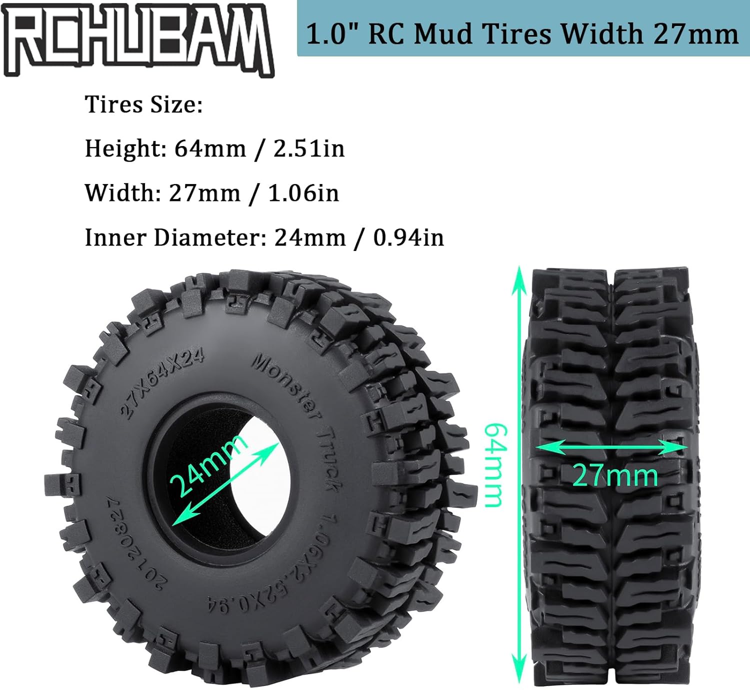 RCHUBAM 1.0" RC Tires H&W 64x27mm Soft Rubber 1.0" RC Mud Tires Width 27mm Compatible with TRX4M 1/18 RC Crawler Car Upgrade Parts, #B