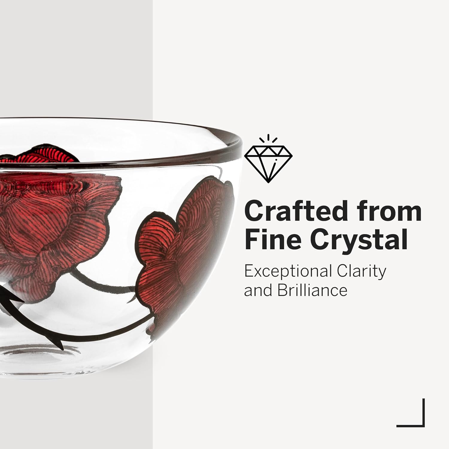 Kosta Boda 8.8" Tattoo Serving Bowl, Hand-Painted Glass - Rose Tattoo Inspired, Wide & Shallow Bowls, For Salad, Popcorn, Chip and Dip, Fruit, Red/Clear