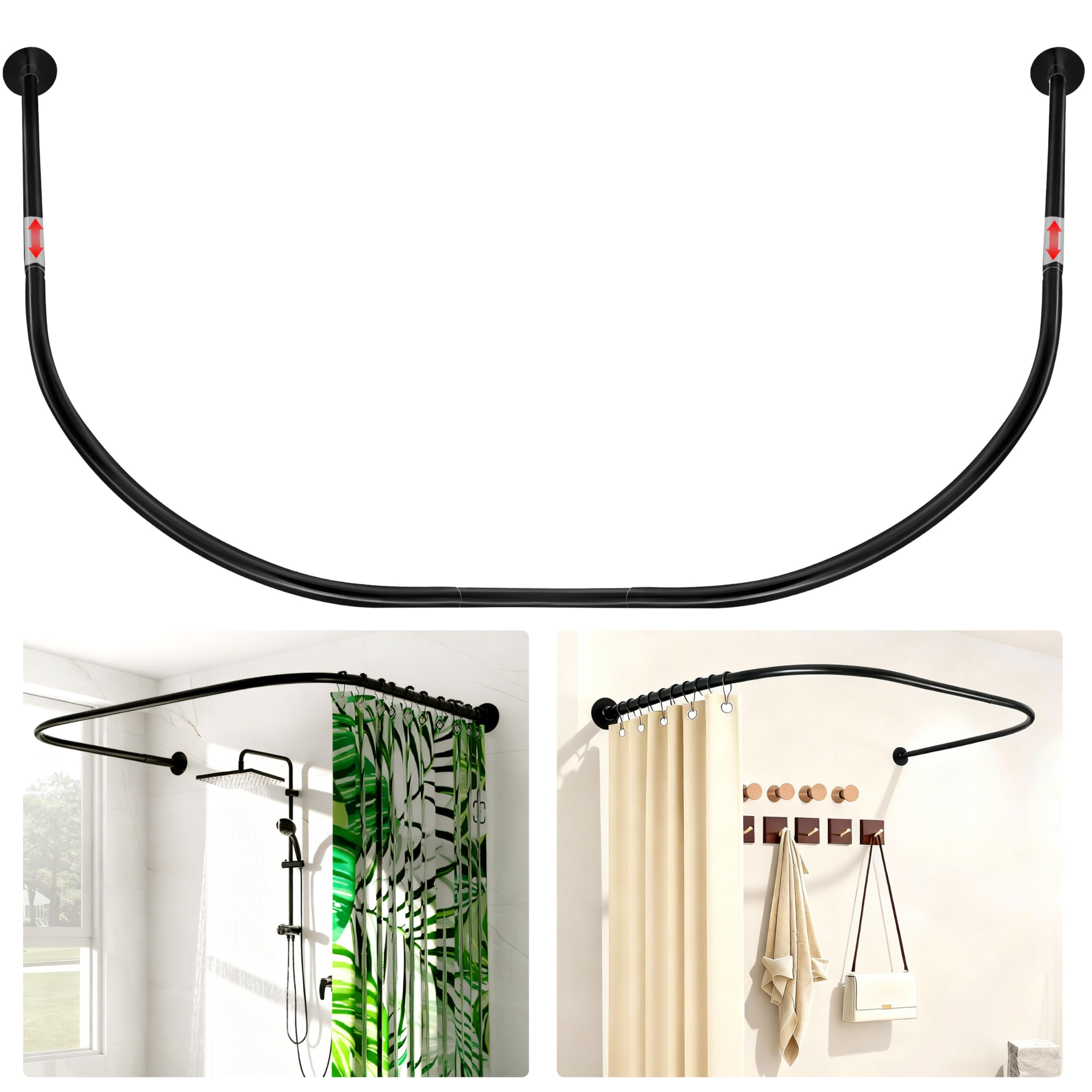 ZAIONE U-Shaped Shower Curtain Rail: Adjustable 90-130cm Black Curved Corner Shower Pole Drill or No-Drill Stainless Steel Modern Industrial Design for Corner Bathroom Glass Enclosure