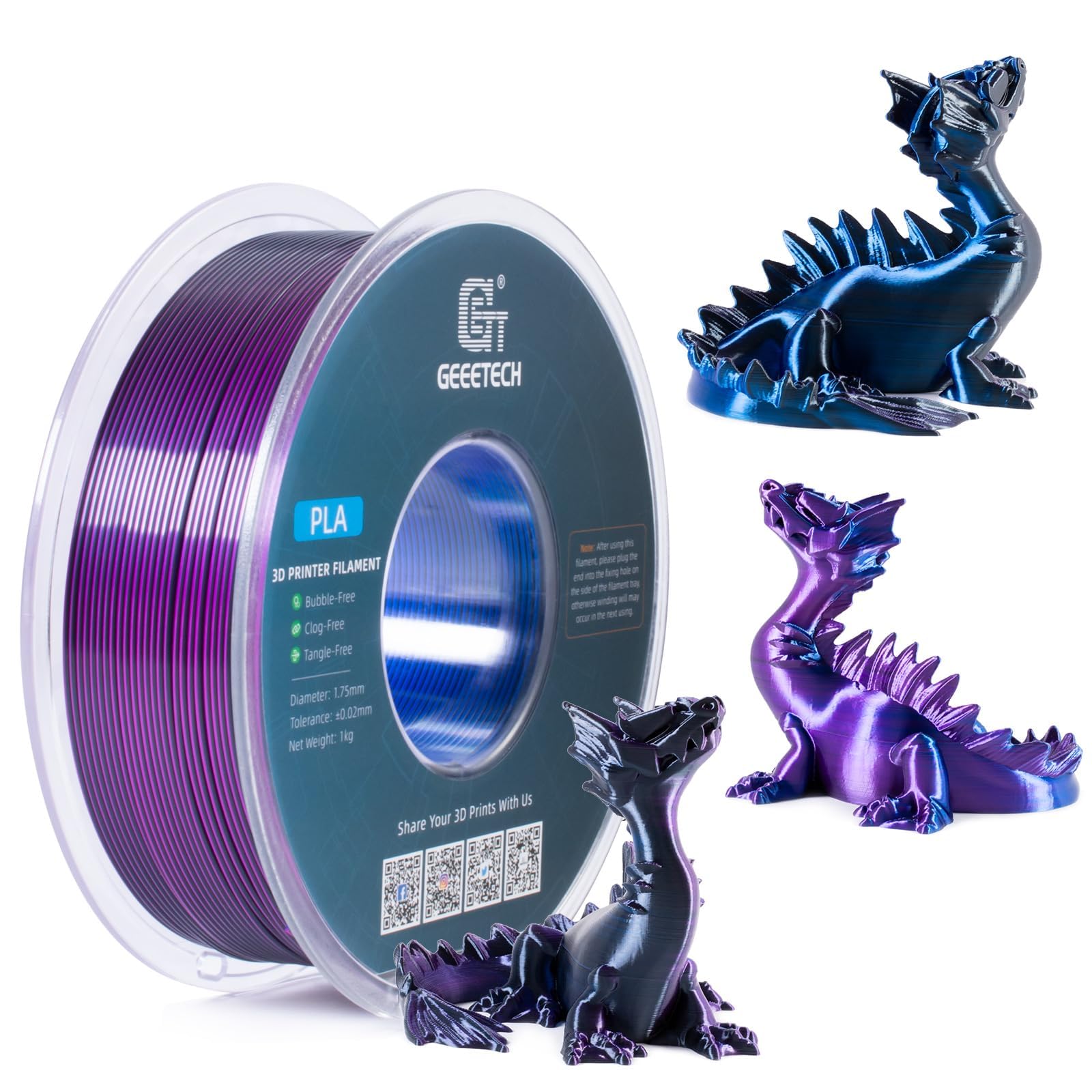 GEEETECH Tricolor Silk PLA filament 1,75 mm, filament do drukarki 3D, 1 kg, jedwabny, niebieski, fioletowy, czarny