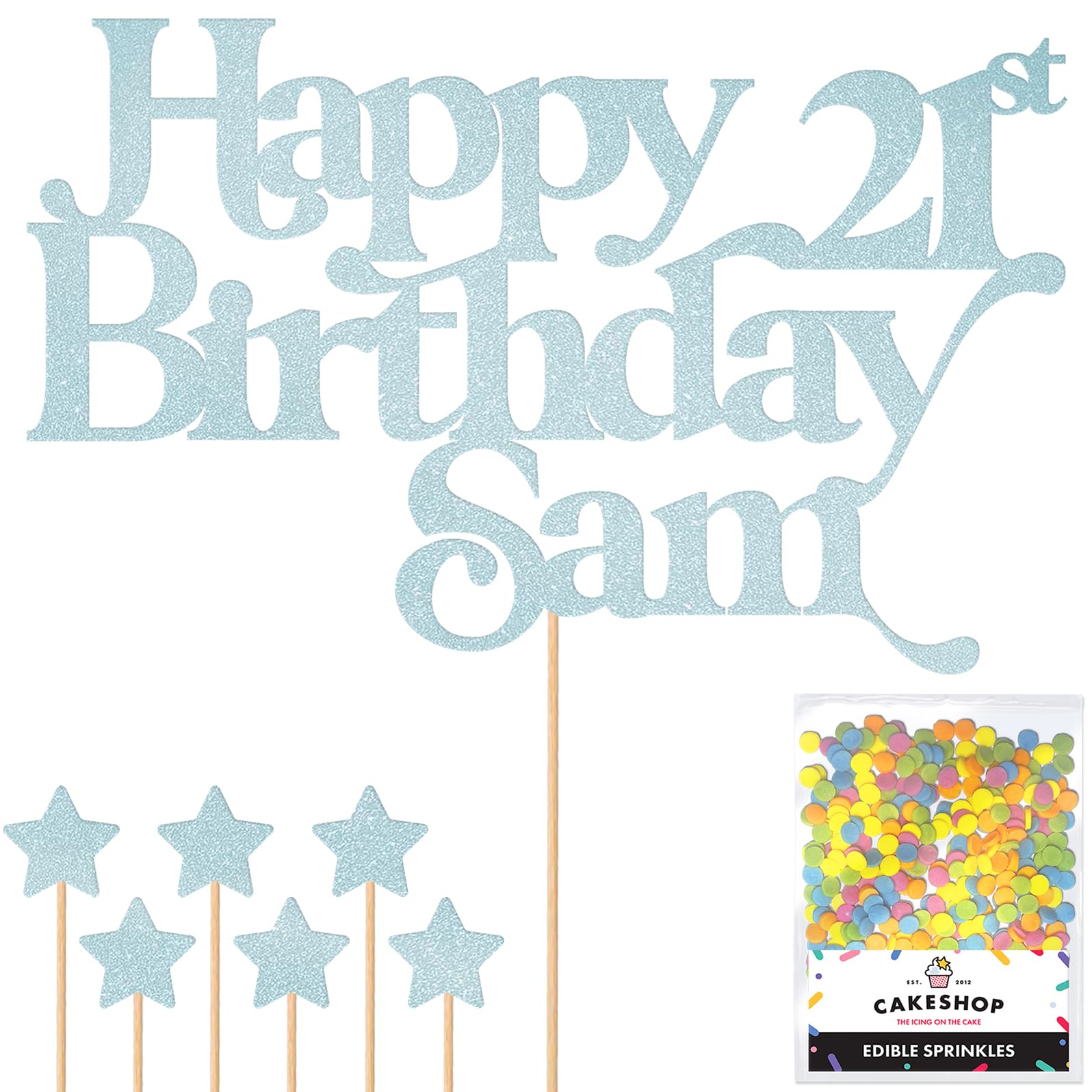 Personalised Happy Birthday Glitter Cake Topper - Light Blue Any Name & Any Age Glitter Cake Decoration and Sprinkles - Happy Birthday Decorations - Personalised Toppers for Cakes by Cakeshop