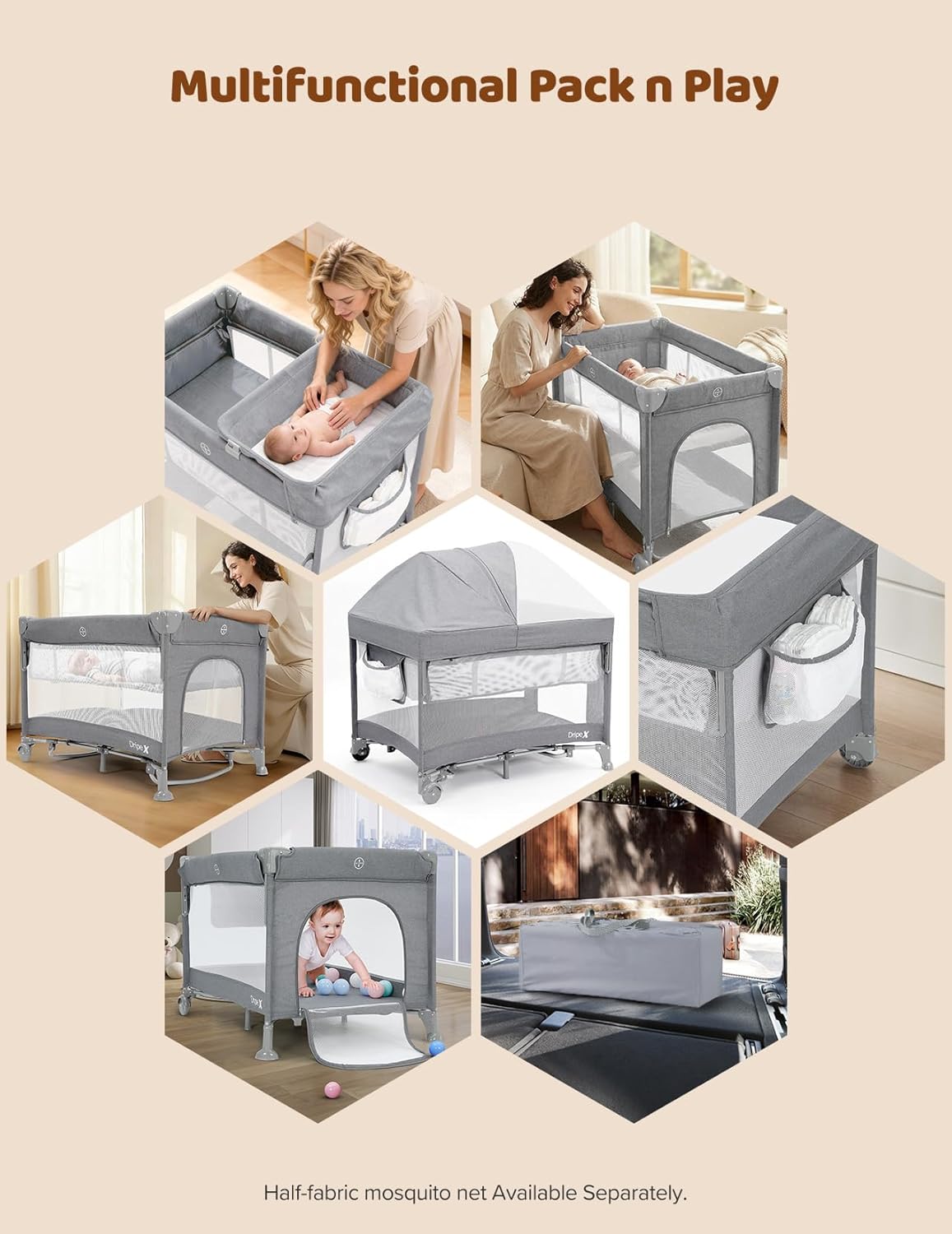 Dripex 5 in 1 Pack n Play Bedside Sleeper, 2-Level Height Baby Crib, Storage Pocket & Breathable Mesh - Foldable Portable Baby Bedside Bassinet for 0 to 12 Months (Travel/Home), Light Grey