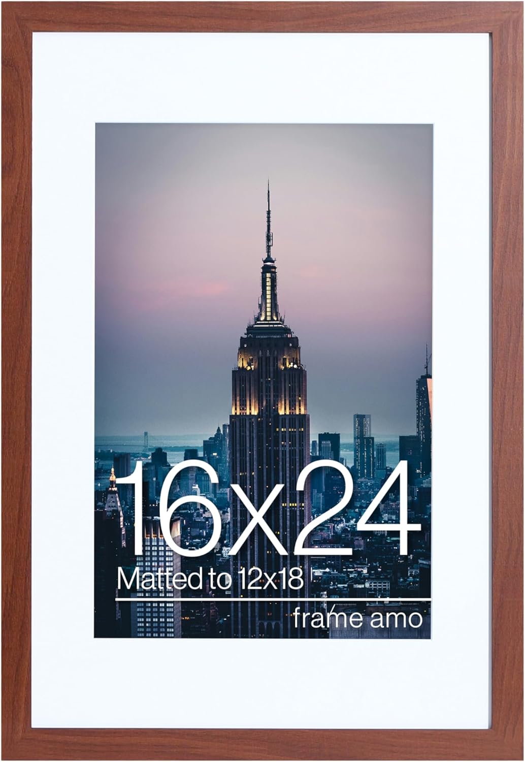 Frame Amo 16x24 Walnut Brown Picture Frame with 11.5x17.5 White Mat Opening for 12x18 Image, 1 Inch Border, Acrylic Face Walnut Brown 16x24