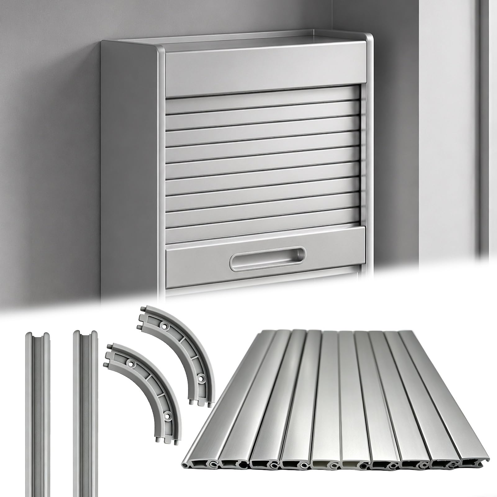 Viiguiy Silver Retractable Pull-Downtambour Door And Track, Flexible Mini Roll Up Cabinet Cupboards Doors, Sliding Shutter Panel For Pantry Closet Garage