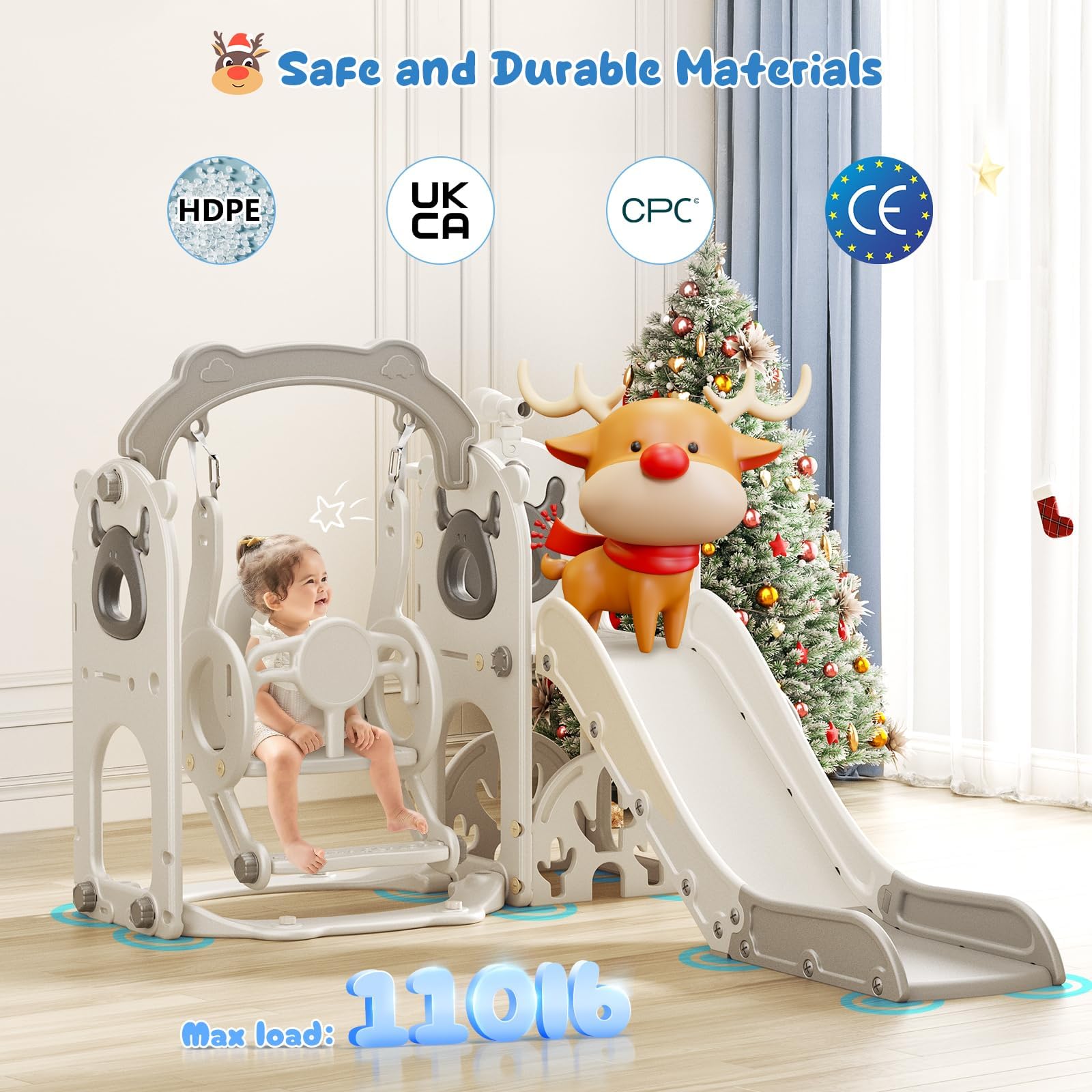 Altalena Scivolo,6 in 1 Scivolo per Bambini e Altalena Set con Canestro da Basket,Struttura da Arrampicata da Giardino,Telescopio, Contenitore,Stabile e Durevole Grande Scivolo(Beige Grigio)