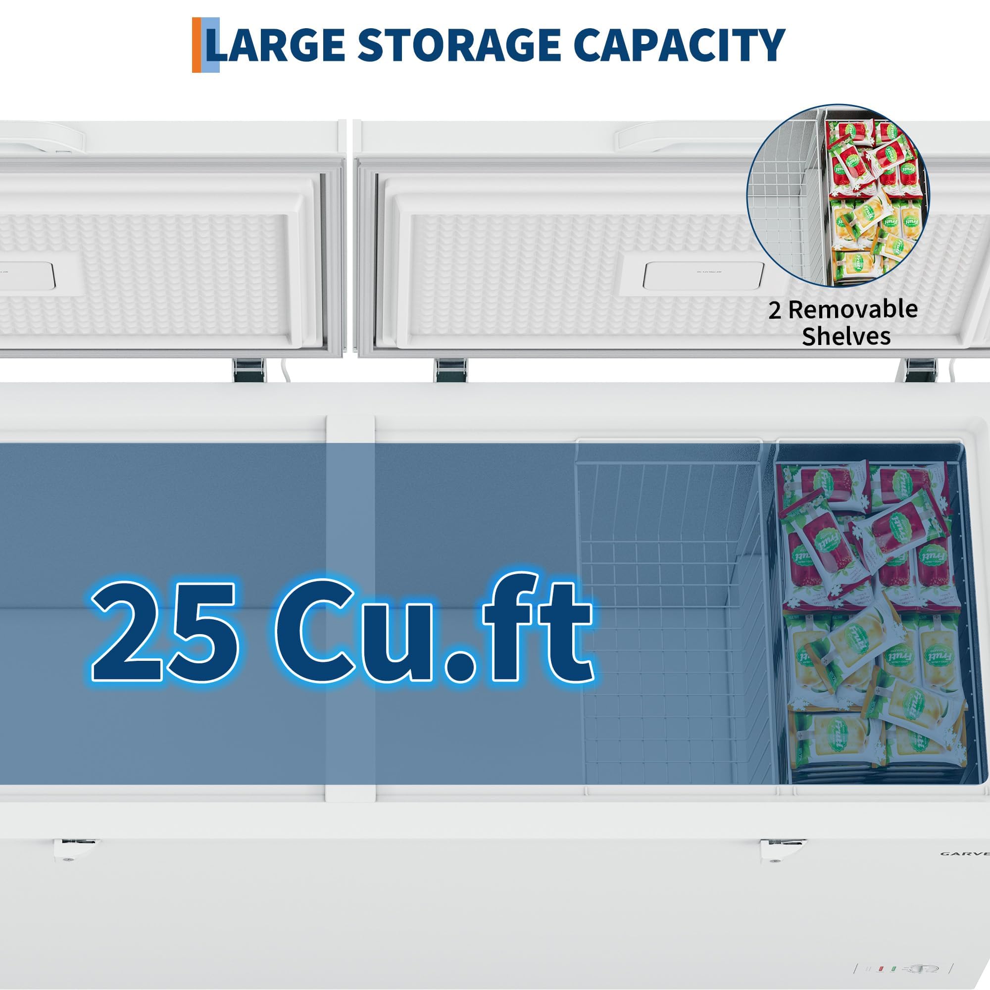 25 Cu. ft. Garage Ready White Convertible Chest/Deep Freezer with Adjustable Thermostat, Double Door Lid, 2 Removable Baskets, 6 Swivel Casters, Chest Freezer for Large Family Storage on Fridge.com