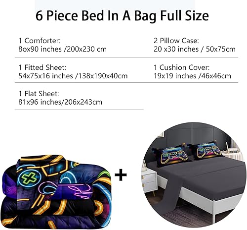 Miniatura 4 de DJT5037Full - Juego de ropa de cama en una bolsa de 6 piezas para niños y adultos, juego de edredón de tamaño matrimonial con sábana encimera y