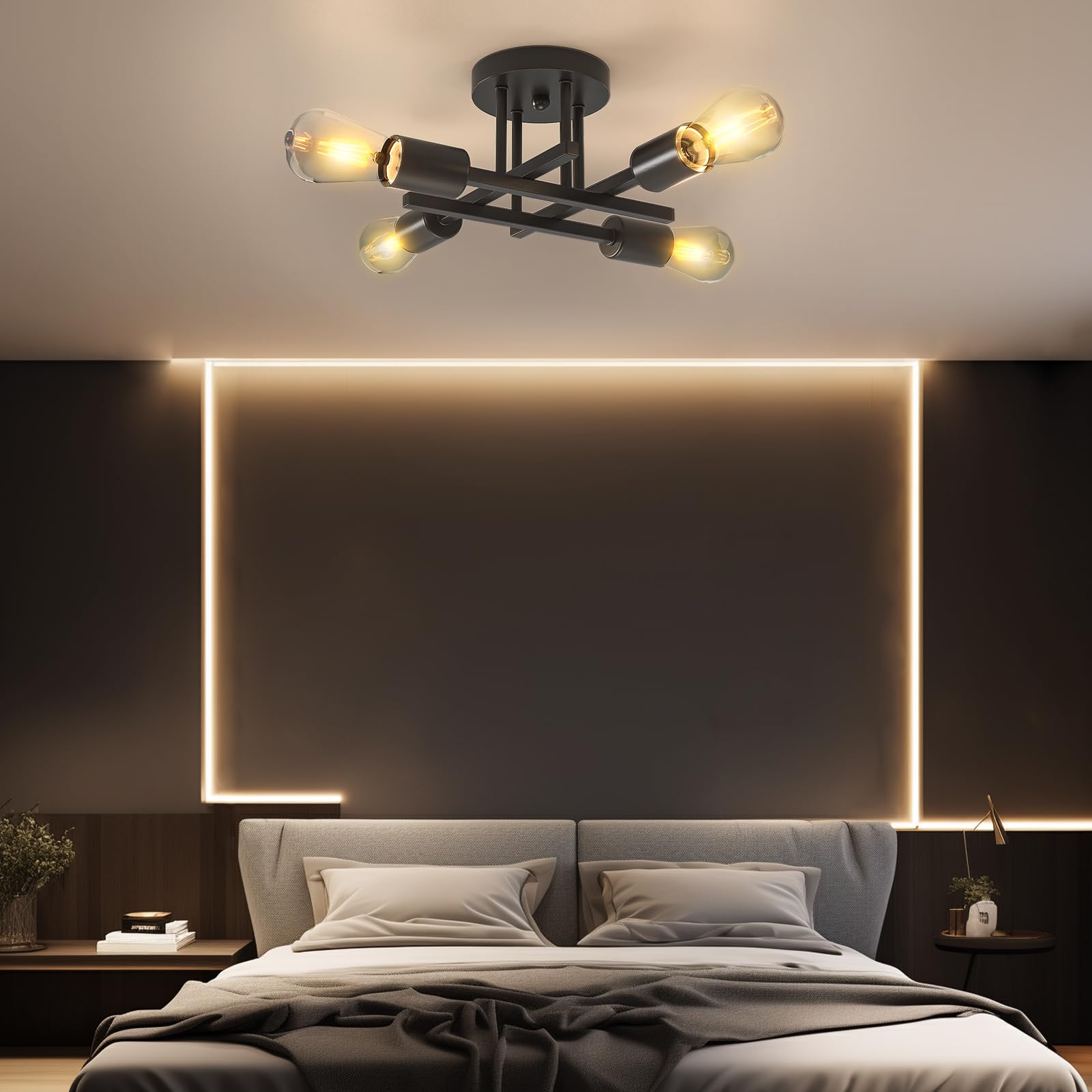 OTREN Lampada da Soffitto Vintage, 4 Fiamme Plafoniera Retrò E27 Lampadario Industriali per Soggiorno Camera da Letto Cucina Sala da Pranzo, Nero(Senza Lampadina)