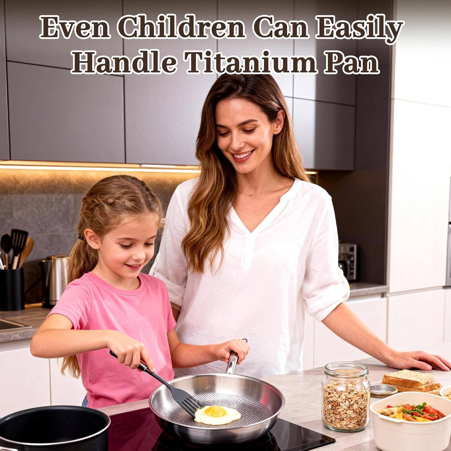 9.45 Inch Titanium Pan,99.6% Titanium Frying Pan for Cooking Healthy Non-Toxic Cookware with Lid Plateful Pan for Even Heating, Induction Compatible, Oven & Broiler Safe - Image 4