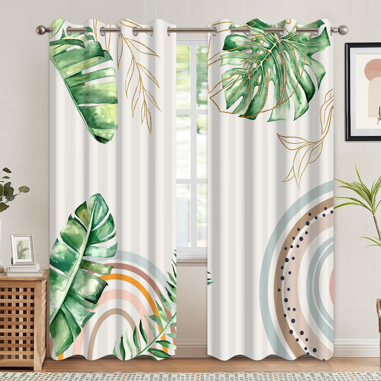 Xiazhilaio Tropical Boho Blackout Curtains 2 Panels Set - Watercolor Monstera Leaf & Abstract Geometric Window Drapes, Thermal Insulated Room