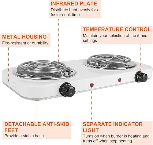Miniatura 6 de Quemador de encimera, quemador eléctrico doble de 2000 vatios, placa de cocina con 5 controles de temperatura, pies de goma antideslizantes, estufa