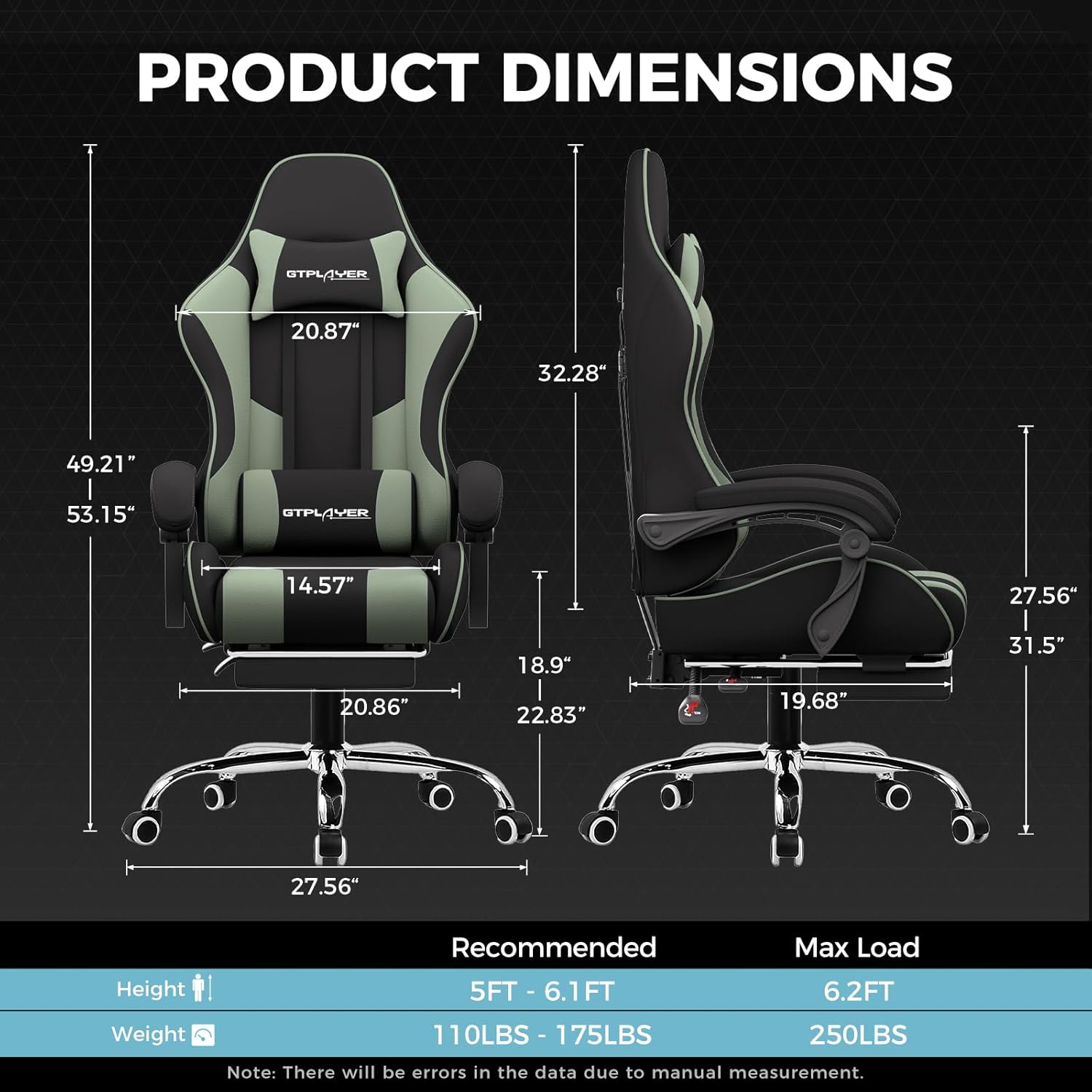 GTPLAYER Gaming Chair, Computer Chair with Footrest and Lumbar Support, Height Adjustable Game Chair with 360°-Swivel Seat and Headrest and for Office or Gaming (Green, Fabric) thumbnail