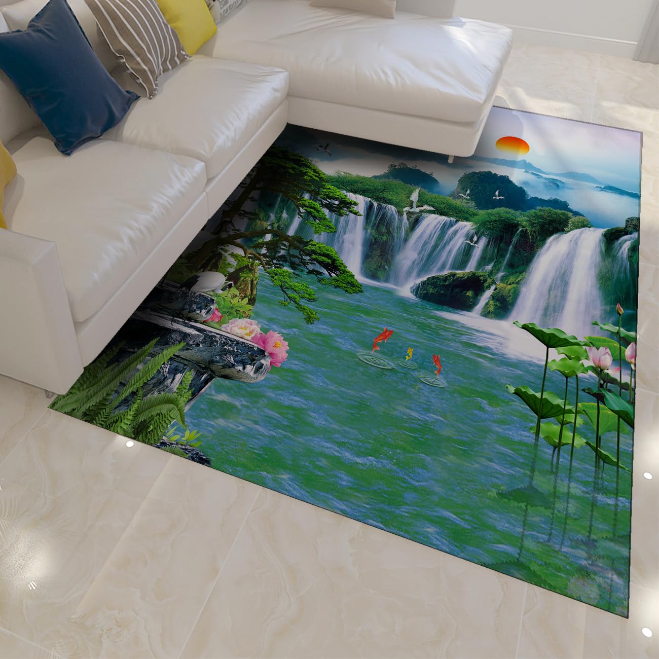 Tapis vert 100x150cm cascade de la forêt pour salon antidérapant et pliable