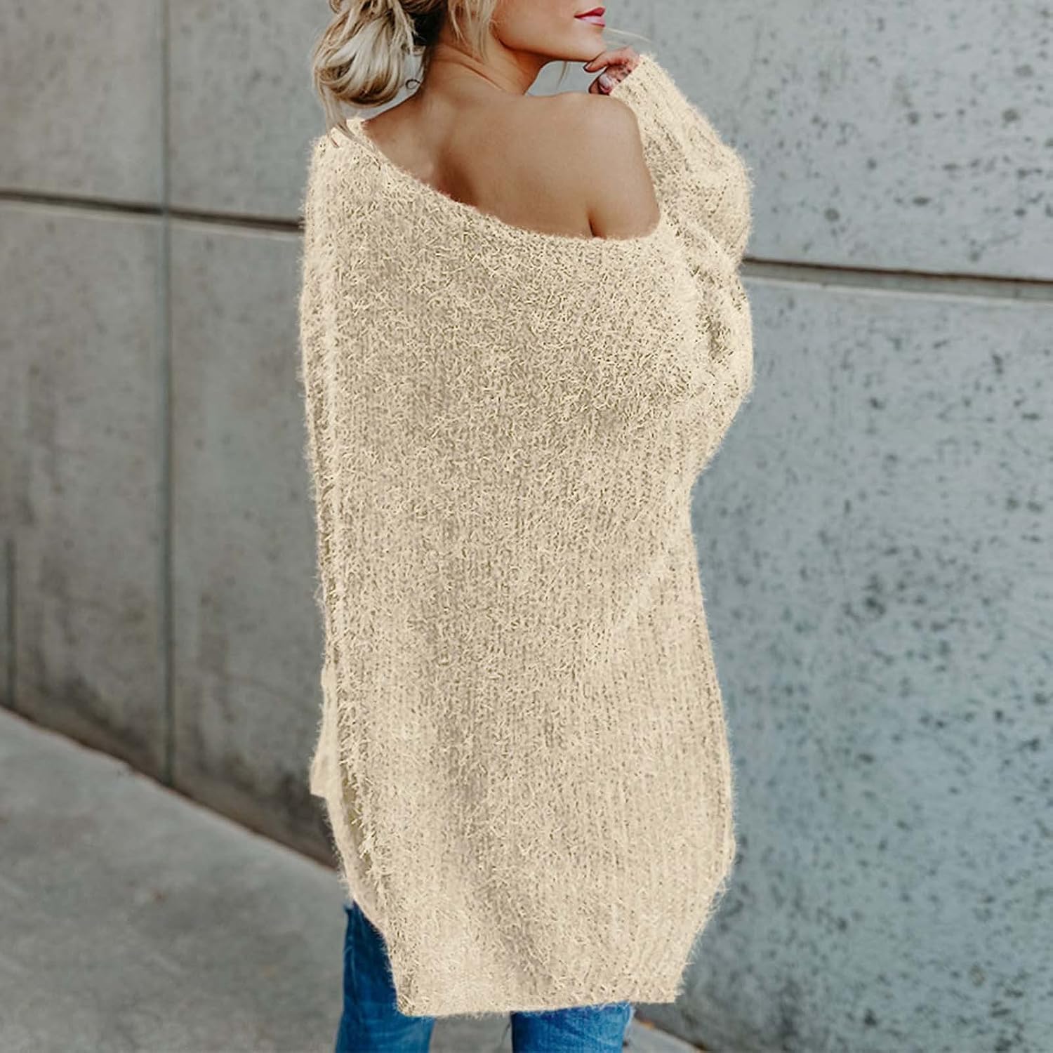 Heevina Womens Sweaters for Women One Shoulder Fleece Flannel Fluffy Fuzzy Solid Color Loose Puff Bubble Long Sleeve