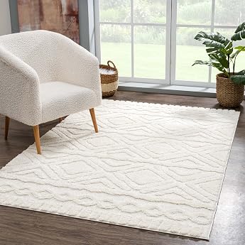 carpet city Teppich Wohnzimmer Hochflor Creme - 120x170 cm - Rauten Hochtief-Muster 3D-Effekt - Bettvorleger Schlafzimmer Teppiche Boho Skandi