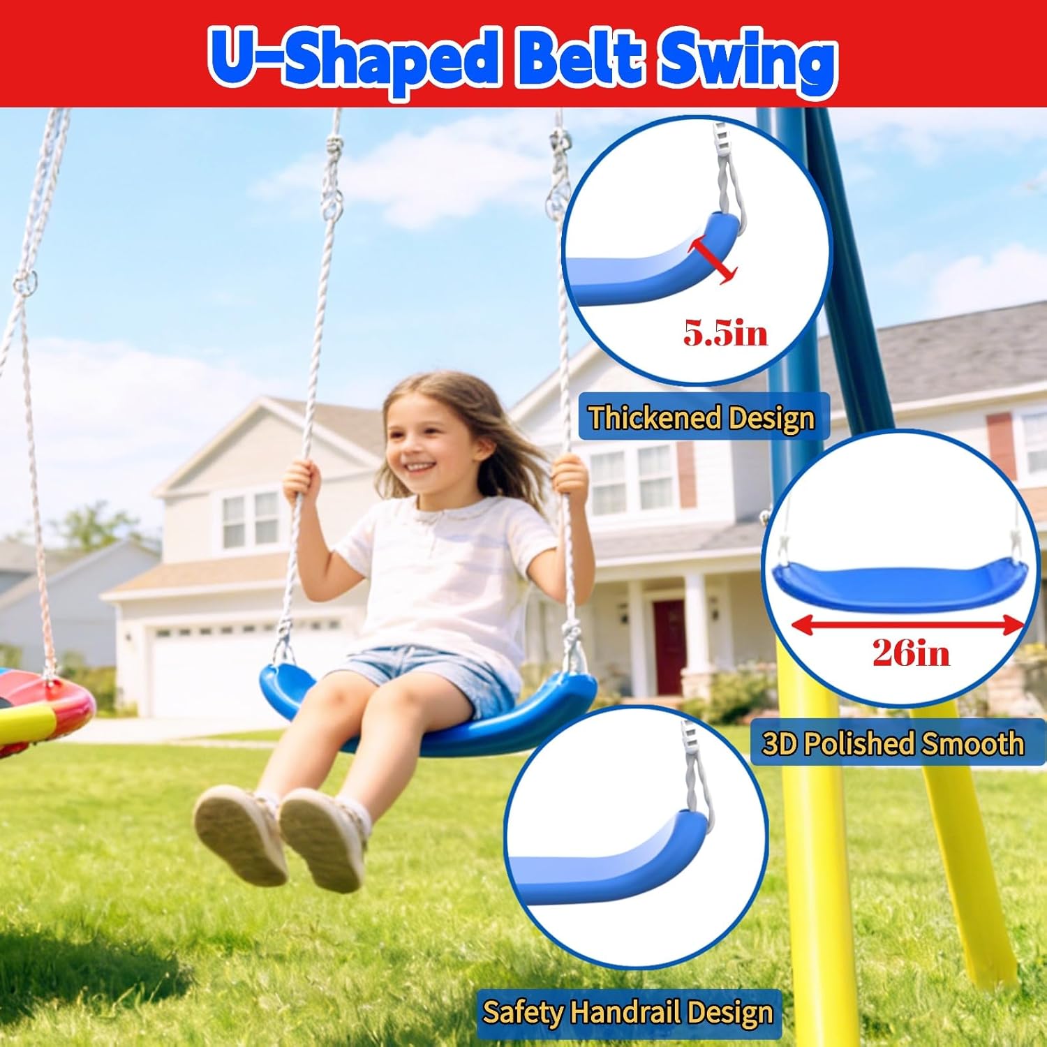 Swing Sets for Backyard 440lbs Capacity Swing Set with Heavy-Duty A-Frame Metal Stand, Outdoor Playset with 1 Saucer Swing & 1 Belt Swings Blue