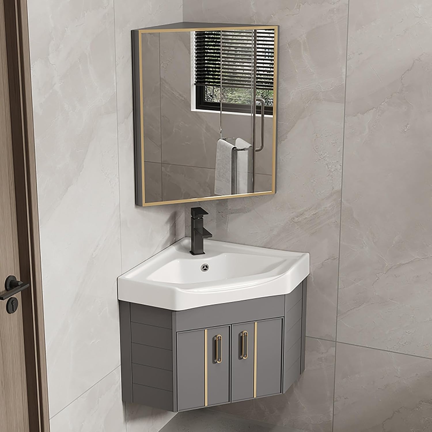 Small Corner Sink Vanity Set with Mirror Cabinet and Faucet Hole for Bathroom Balcony Guest Room White,Coffee-56 * 56cm/22 * 22in