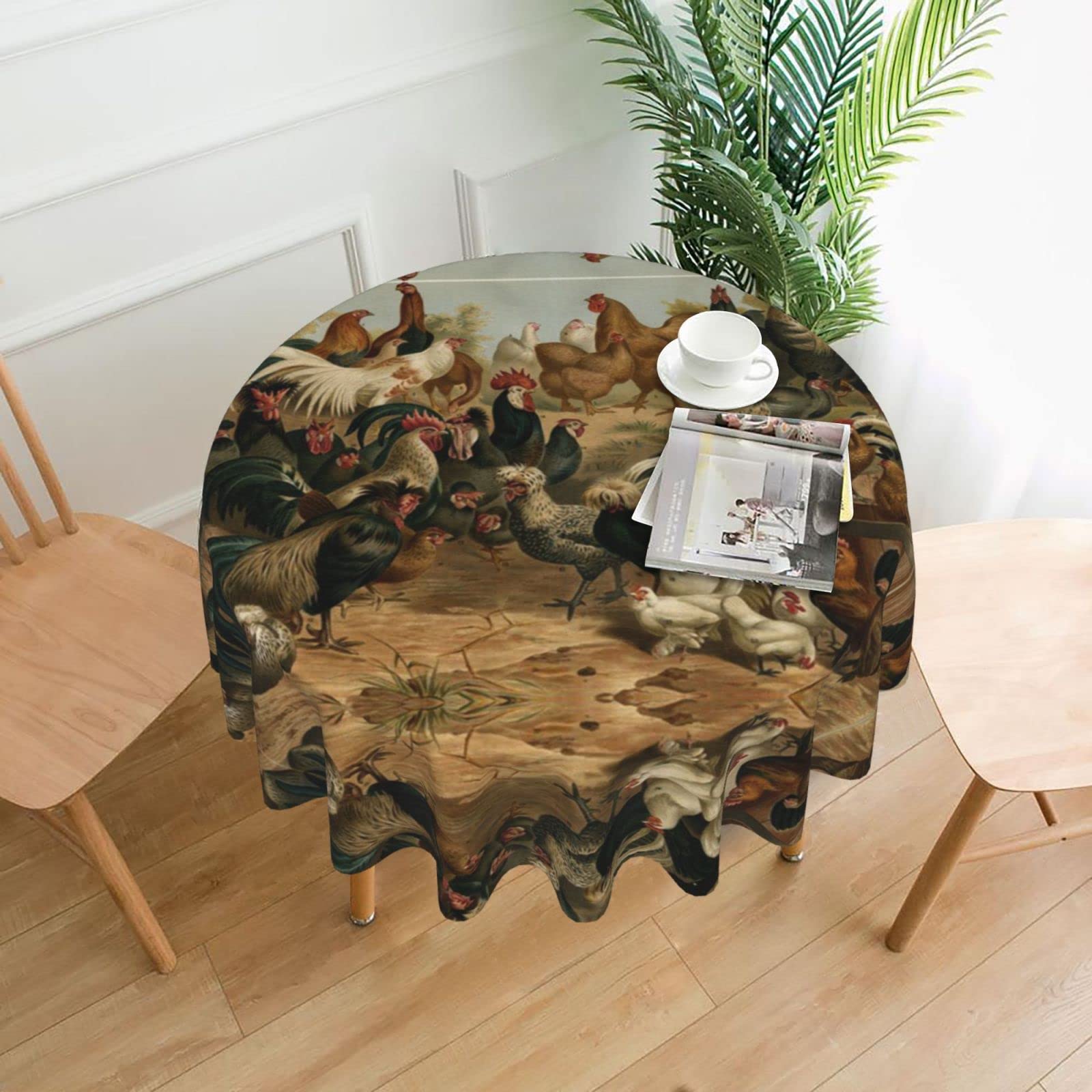 Lawenp Chicken and Rooster Print Decorative Round Table Cloths - 60 Inches in Diameter for Buffet Tables, Parties, Holiday Dinners.